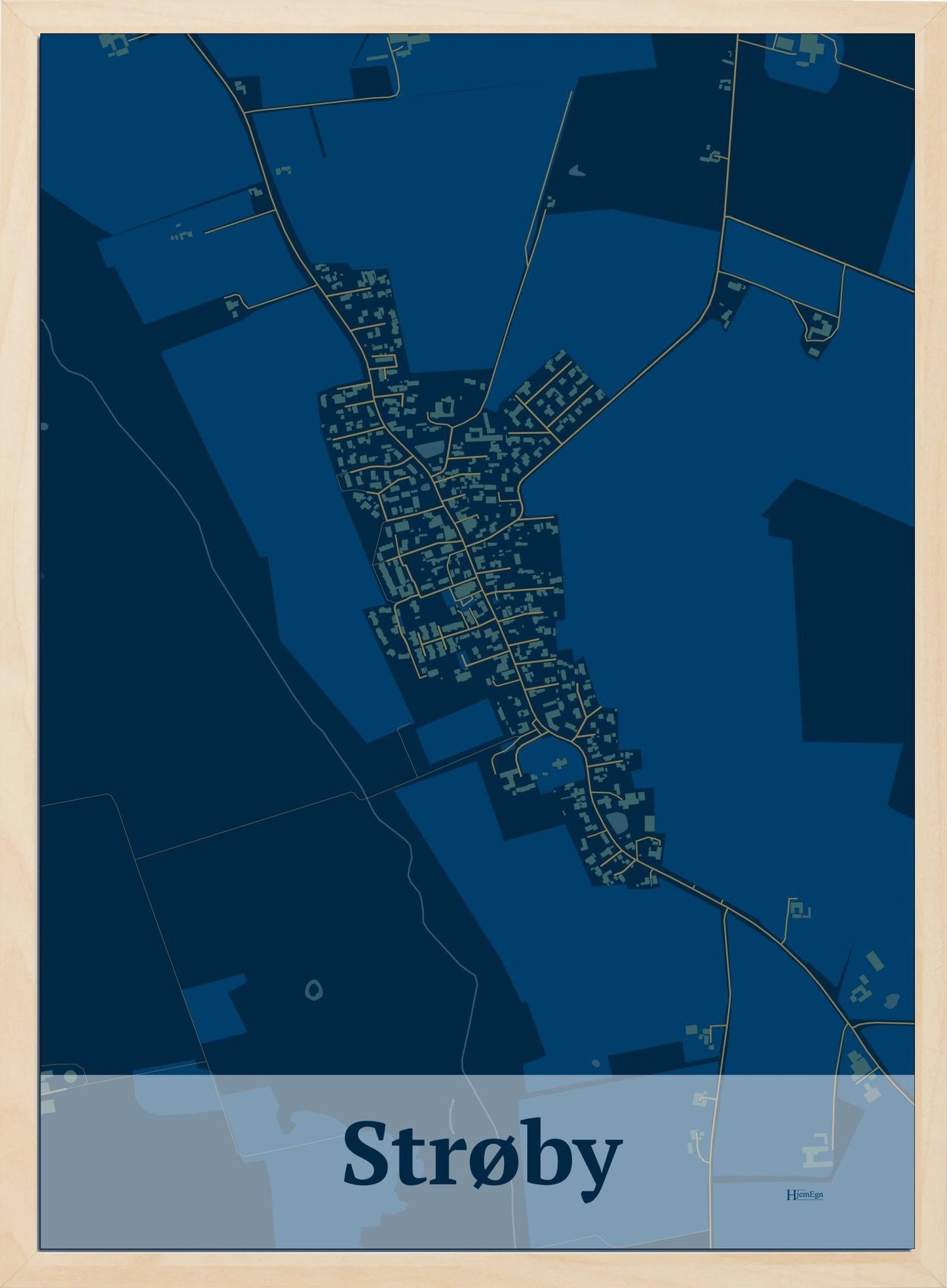 Strøby plakat i farve mørk blå og HjemEgn.dk design firkantet. Design bykort for Strøby