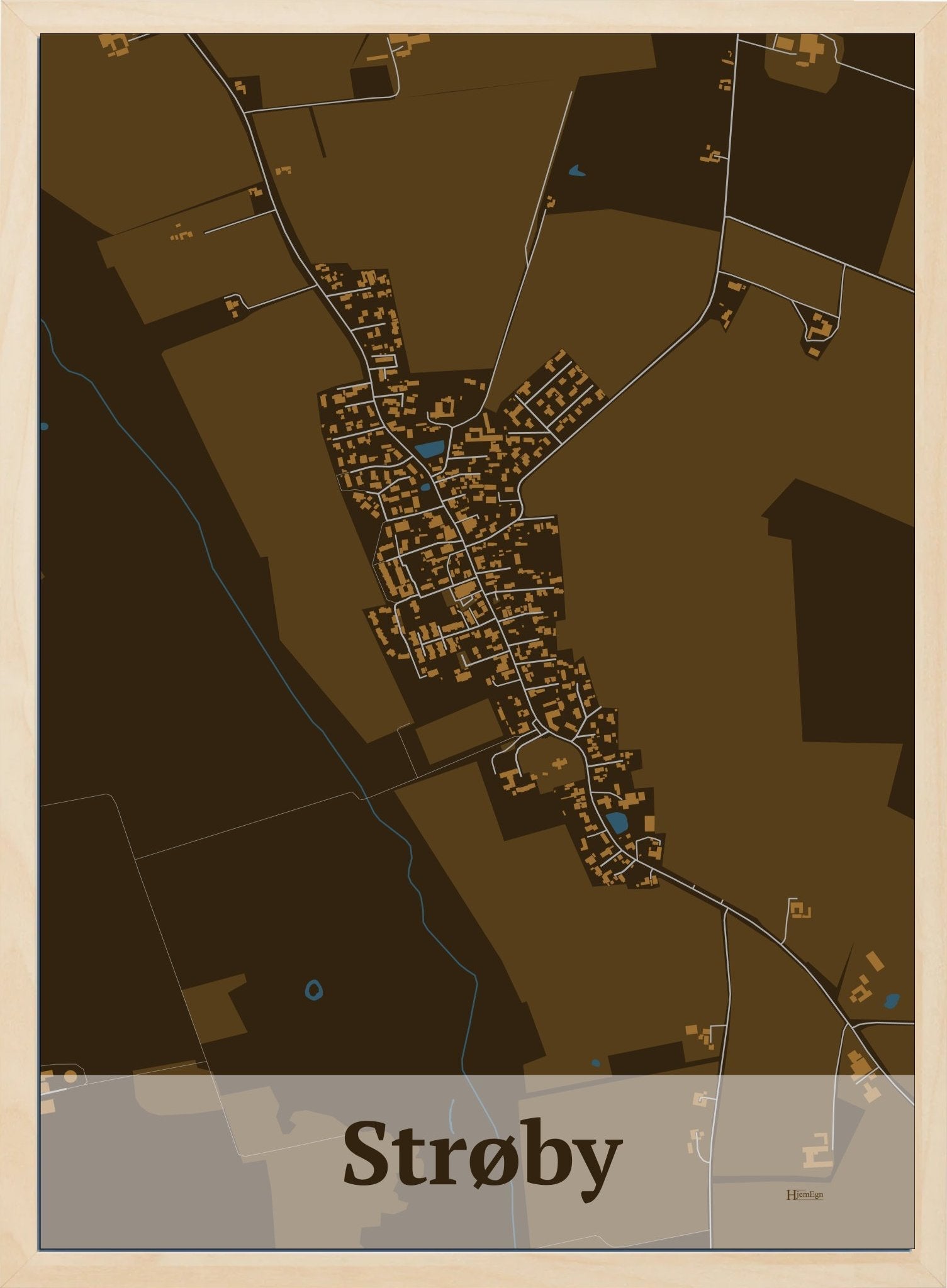 Strøby plakat i farve mørk brun og HjemEgn.dk design firkantet. Design bykort for Strøby