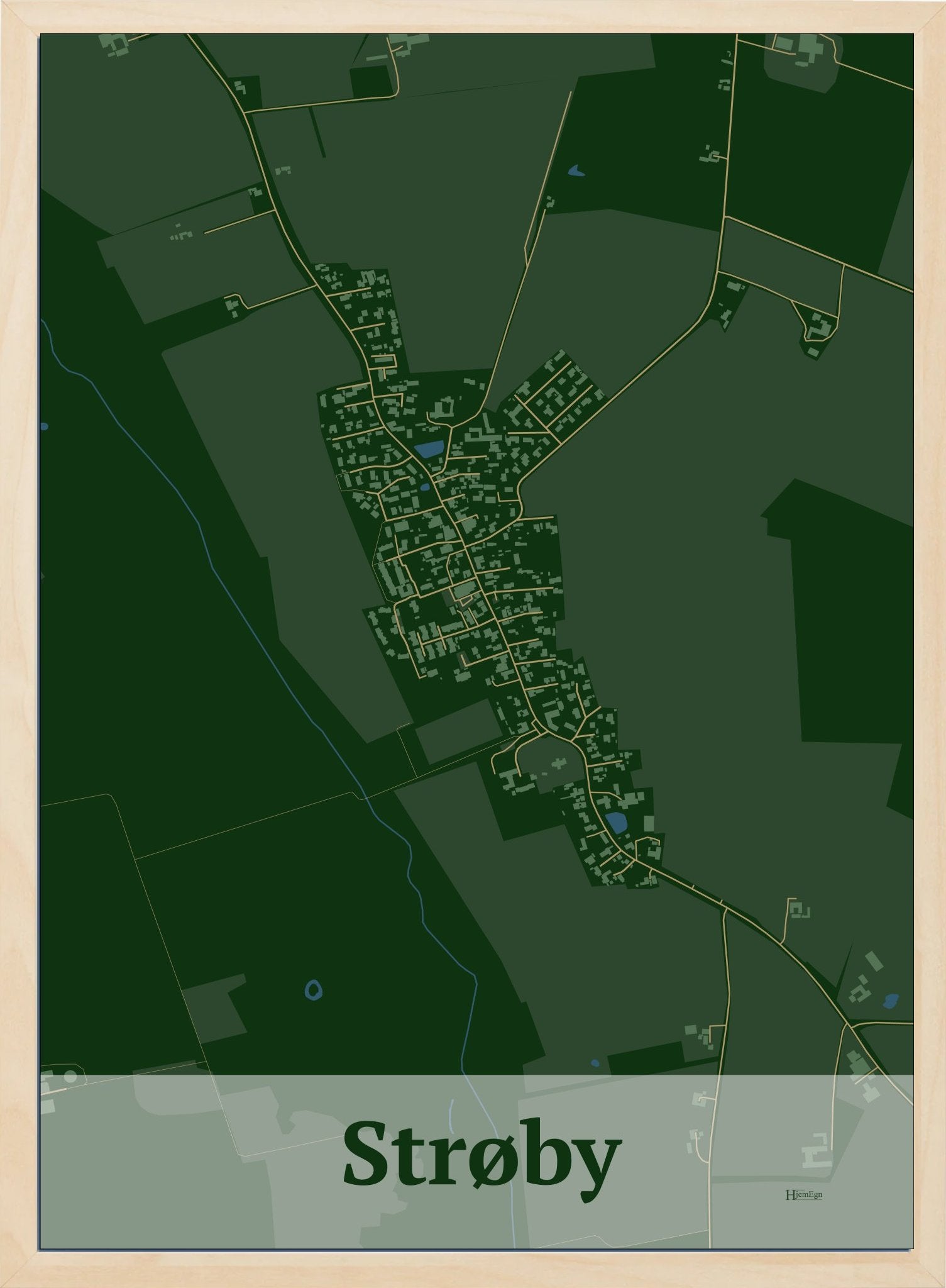 Strøby plakat i farve mørk grøn og HjemEgn.dk design firkantet. Design bykort for Strøby