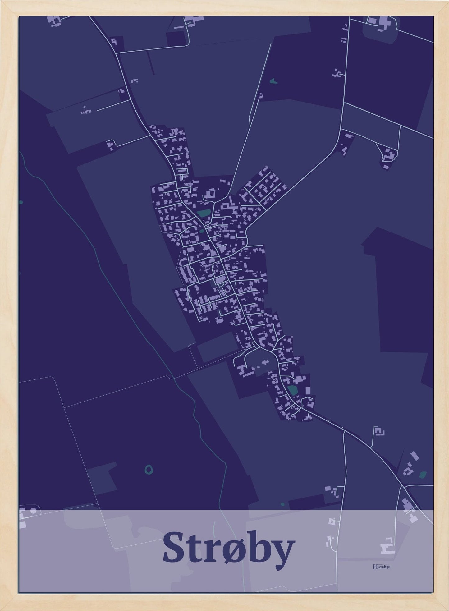 Strøby plakat i farve mørk lilla og HjemEgn.dk design firkantet. Design bykort for Strøby