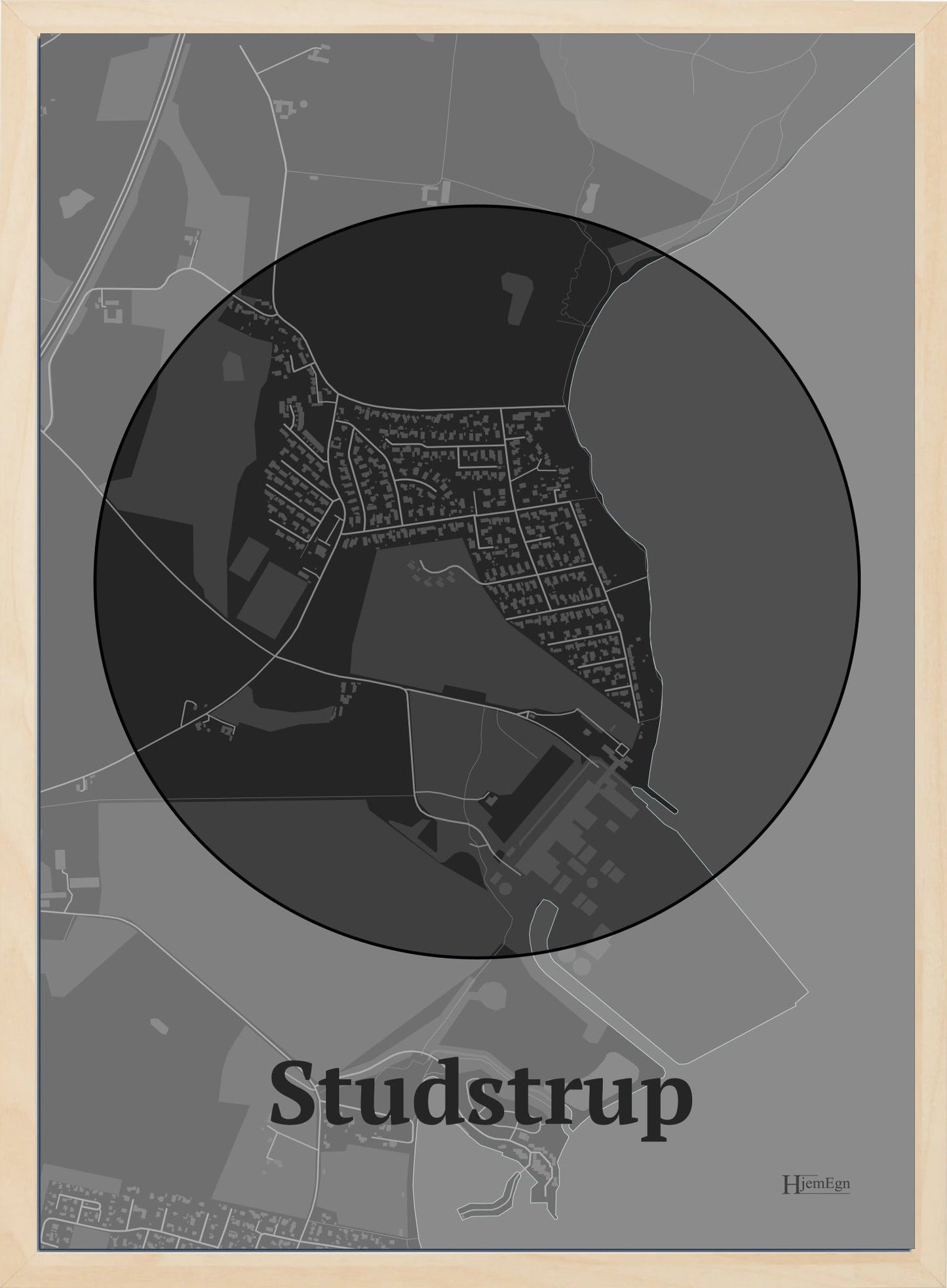 Studstrup plakat i farve mørk grå og HjemEgn.dk design centrum. Design bykort for Studstrup