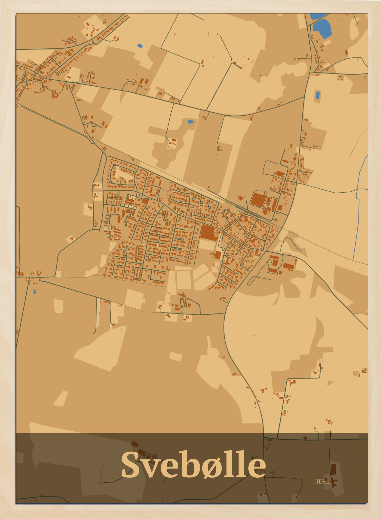 Svebølle plakat i farve pastel brun og HjemEgn.dk design firkantet. Design bykort for Svebølle