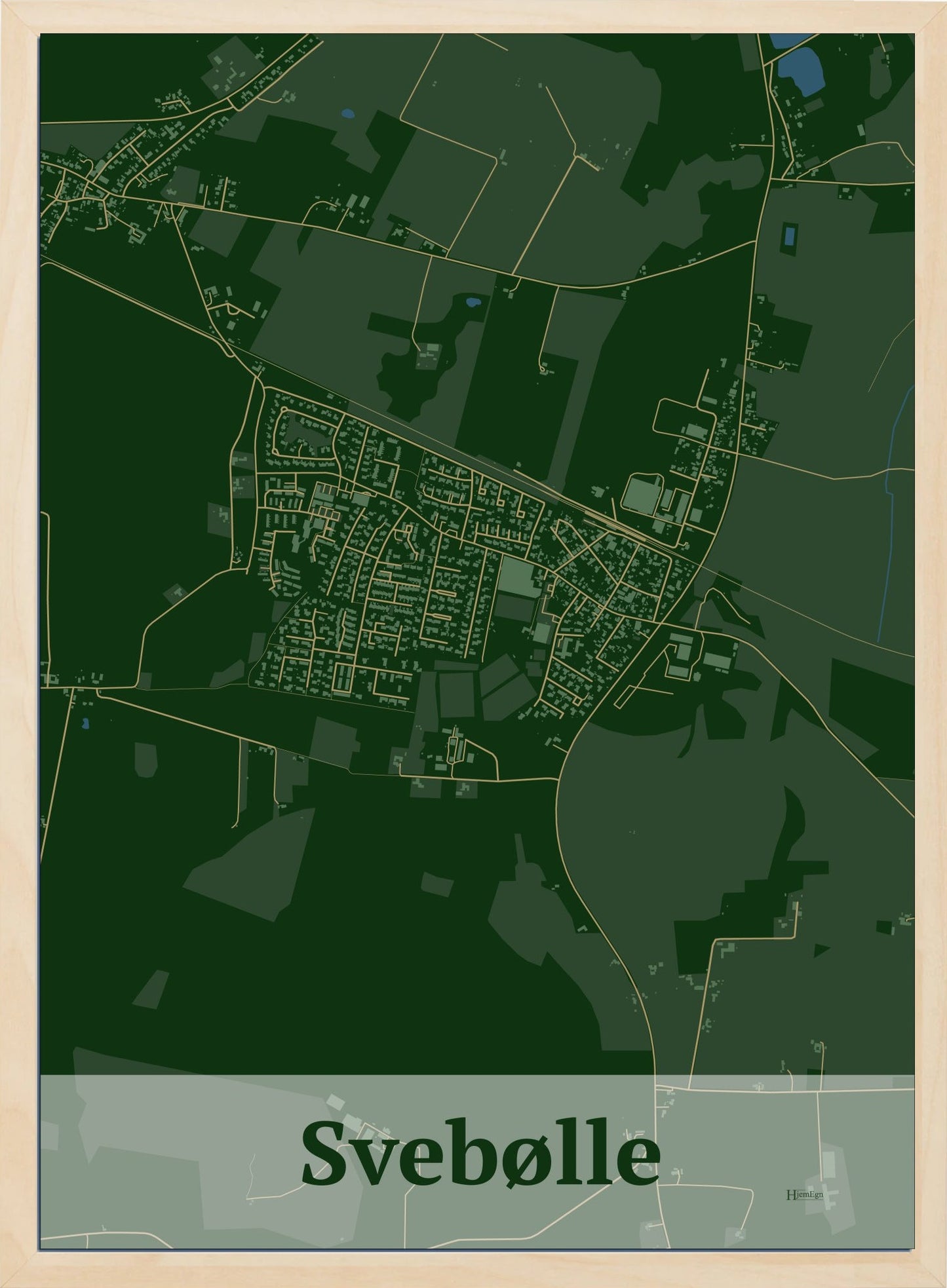 Svebølle plakat i farve mørk grøn og HjemEgn.dk design firkantet. Design bykort for Svebølle