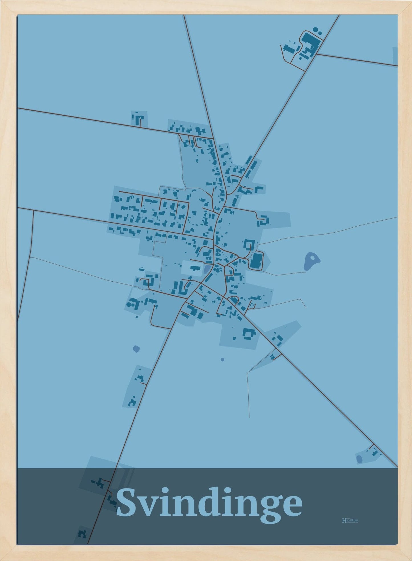 Svindinge plakat i farve pastel blå og HjemEgn.dk design firkantet. Design bykort for Svindinge