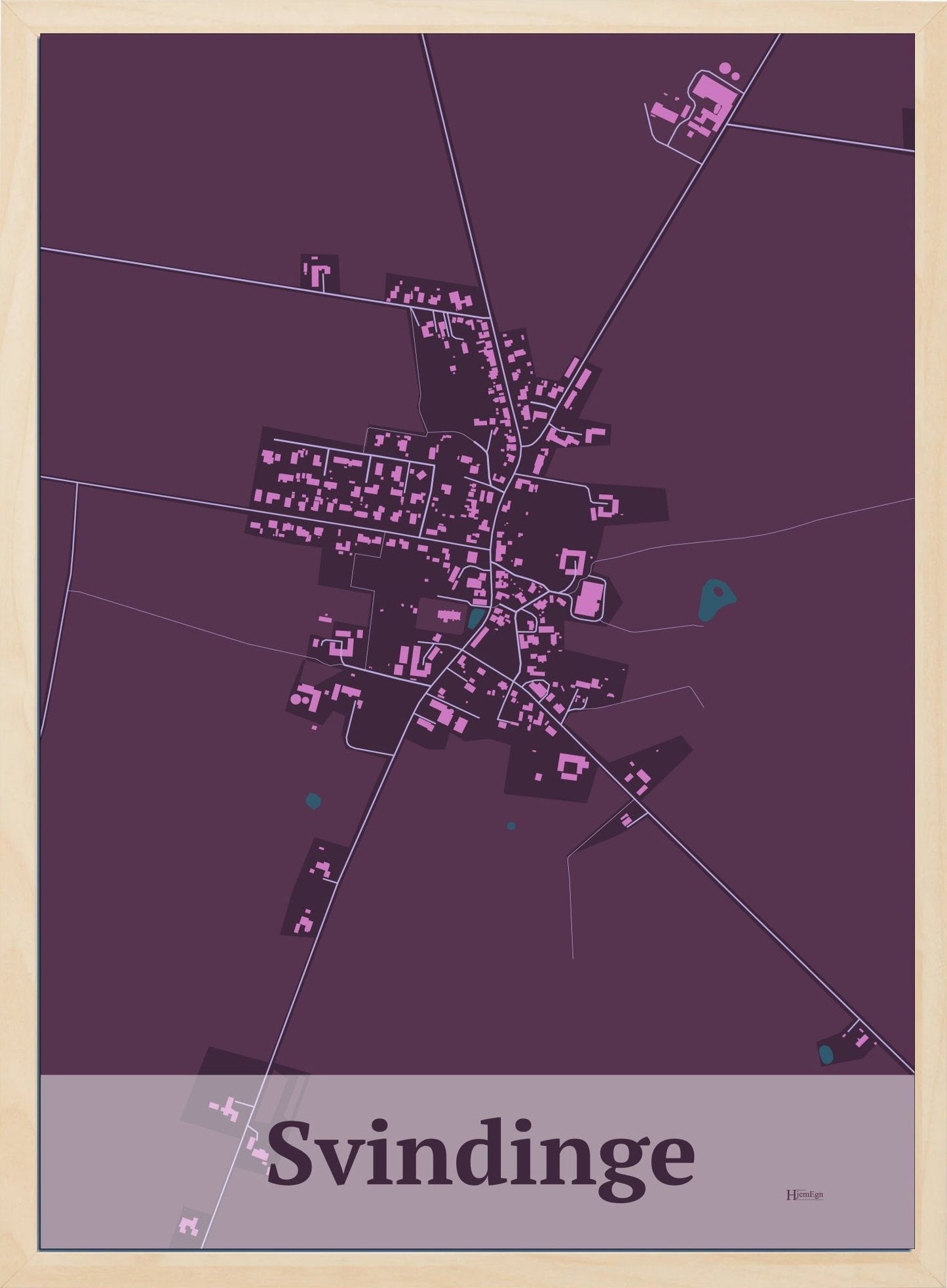 Svindinge plakat i farve mørk rød og HjemEgn.dk design firkantet. Design bykort for Svindinge