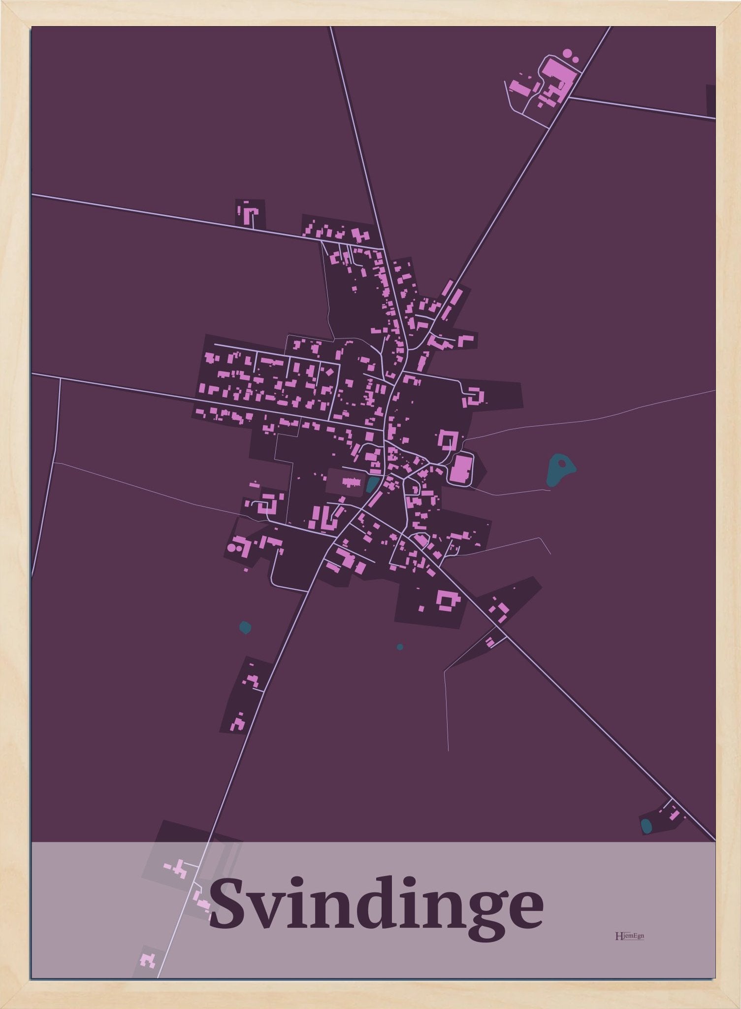 Svindinge plakat i farve mørk rød og HjemEgn.dk design firkantet. Design bykort for Svindinge