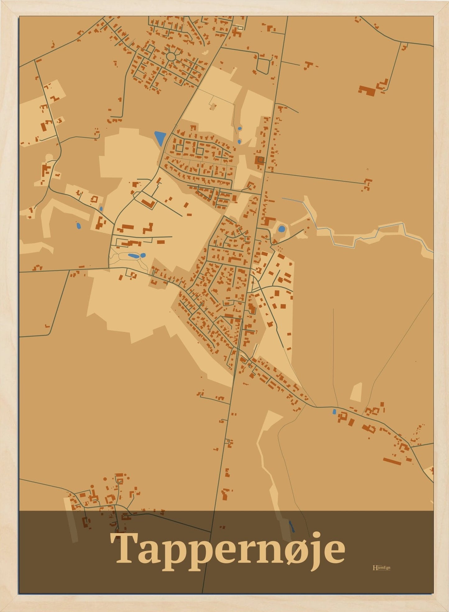 Tappernøje plakat i farve pastel brun og HjemEgn.dk design firkantet. Design bykort for Tappernøje