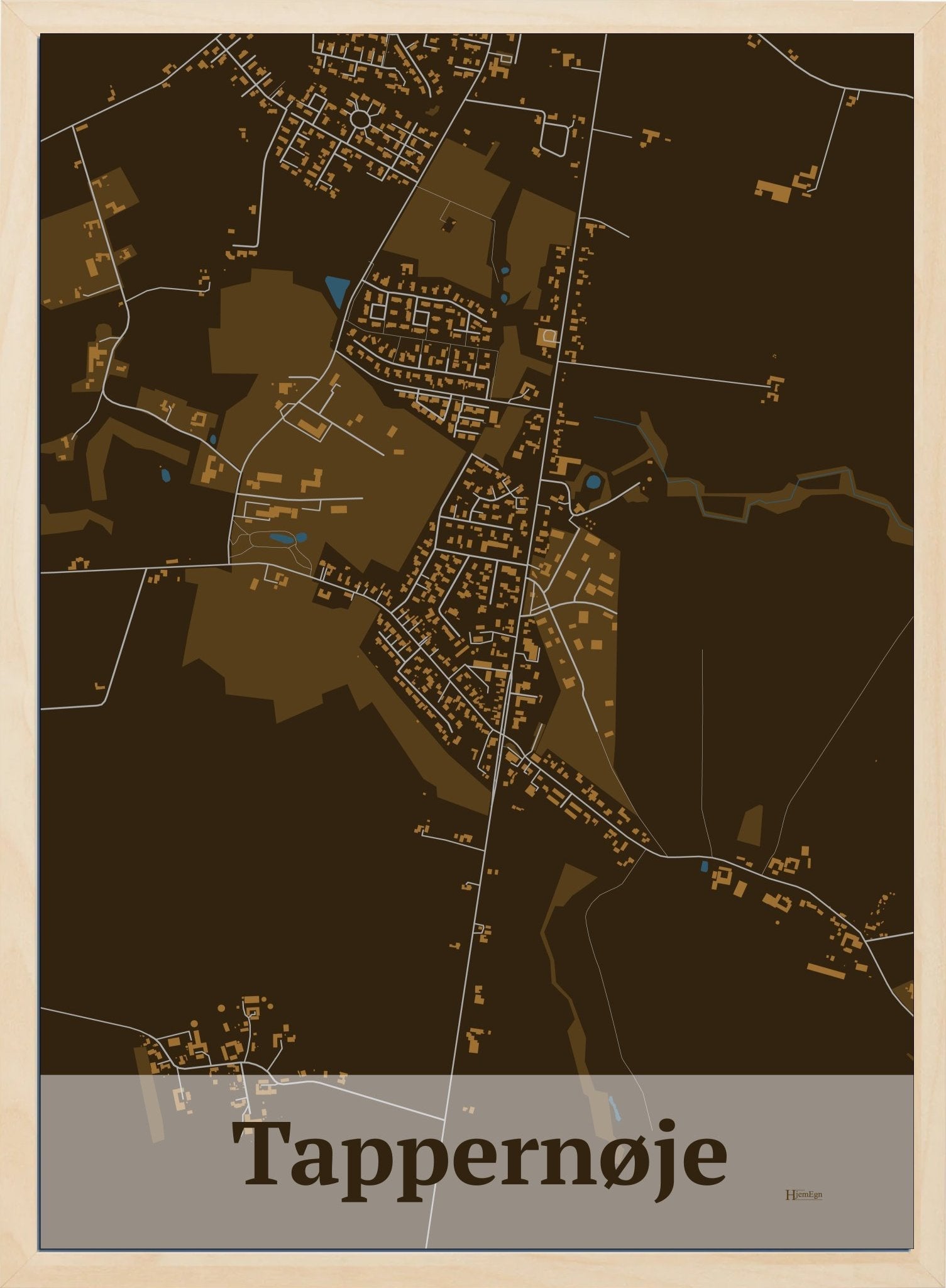Tappernøje plakat i farve mørk brun og HjemEgn.dk design firkantet. Design bykort for Tappernøje