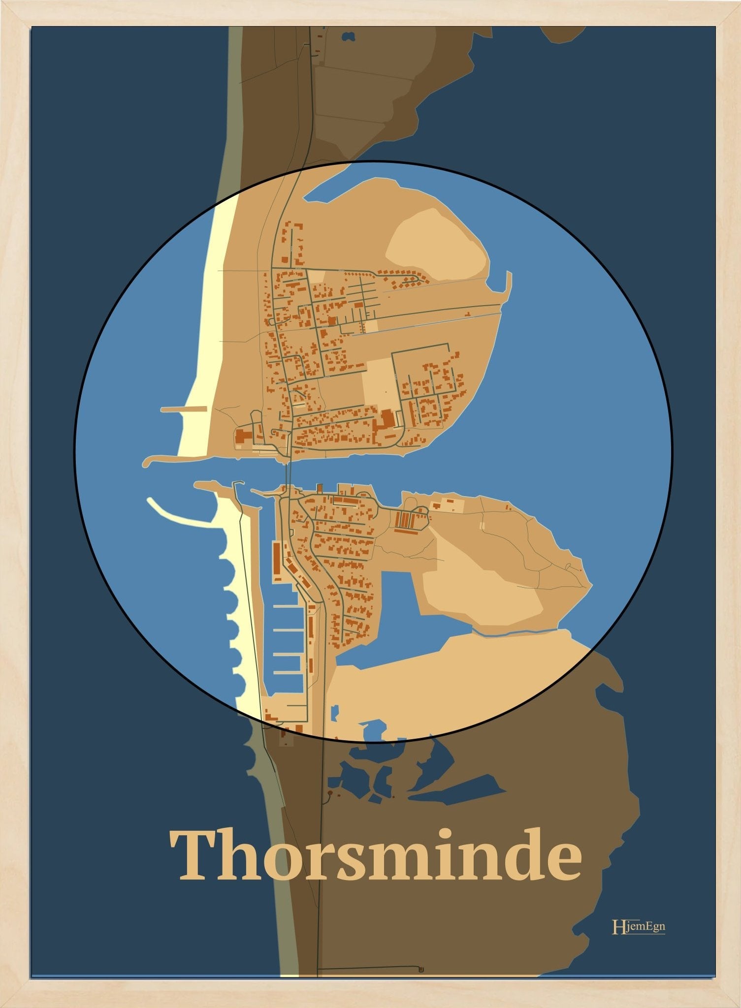 Thorsminde plakat i farve pastel brun og HjemEgn.dk design centrum. Design bykort for Thorsminde