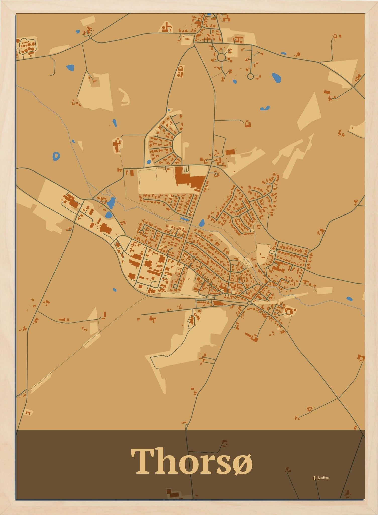 Thorsø plakat i farve pastel brun og HjemEgn.dk design firkantet. Design bykort for Thorsø