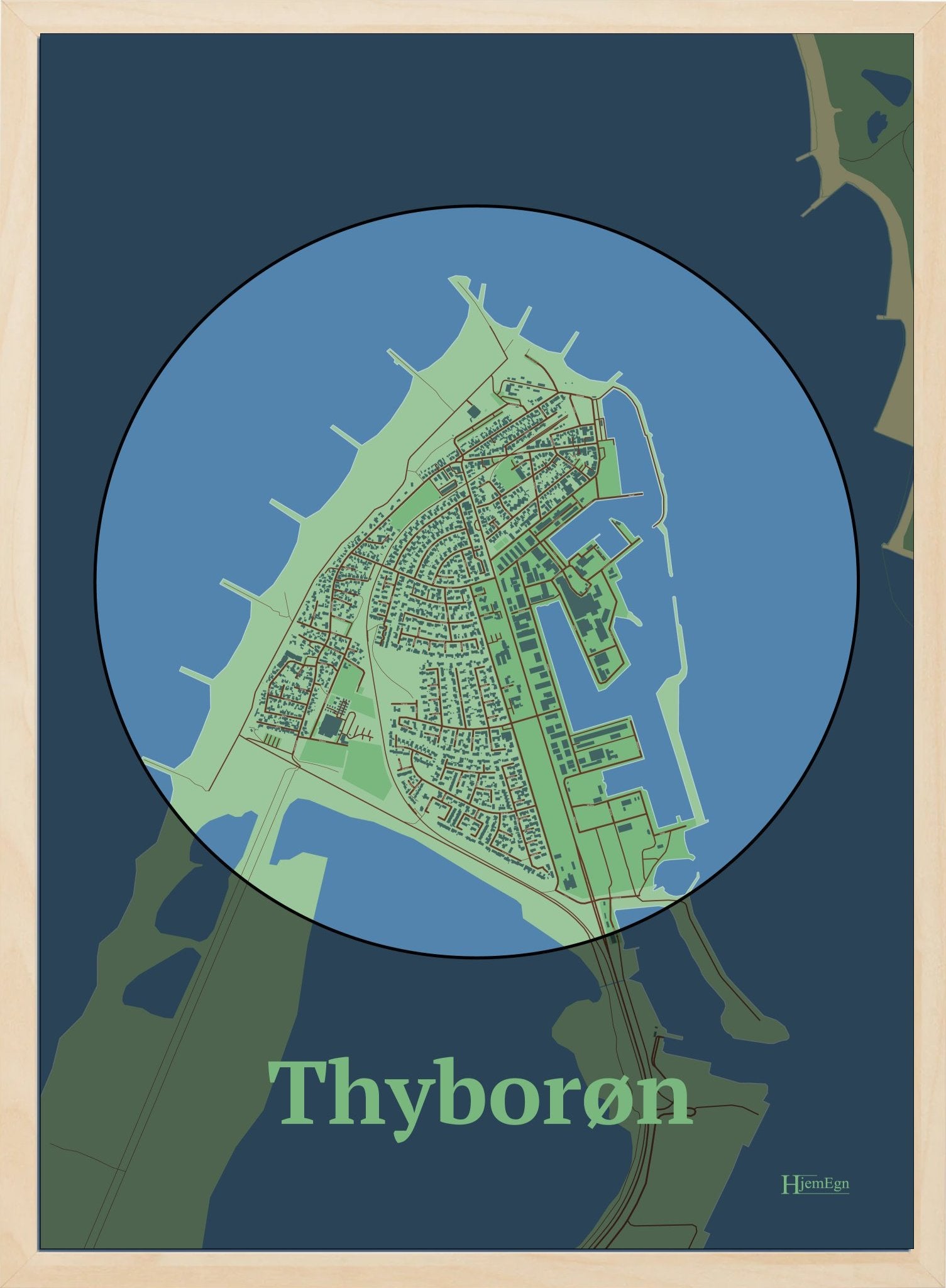 Thyborøn plakat i farve pastel grøn og HjemEgn.dk design centrum. Design bykort for Thyborøn