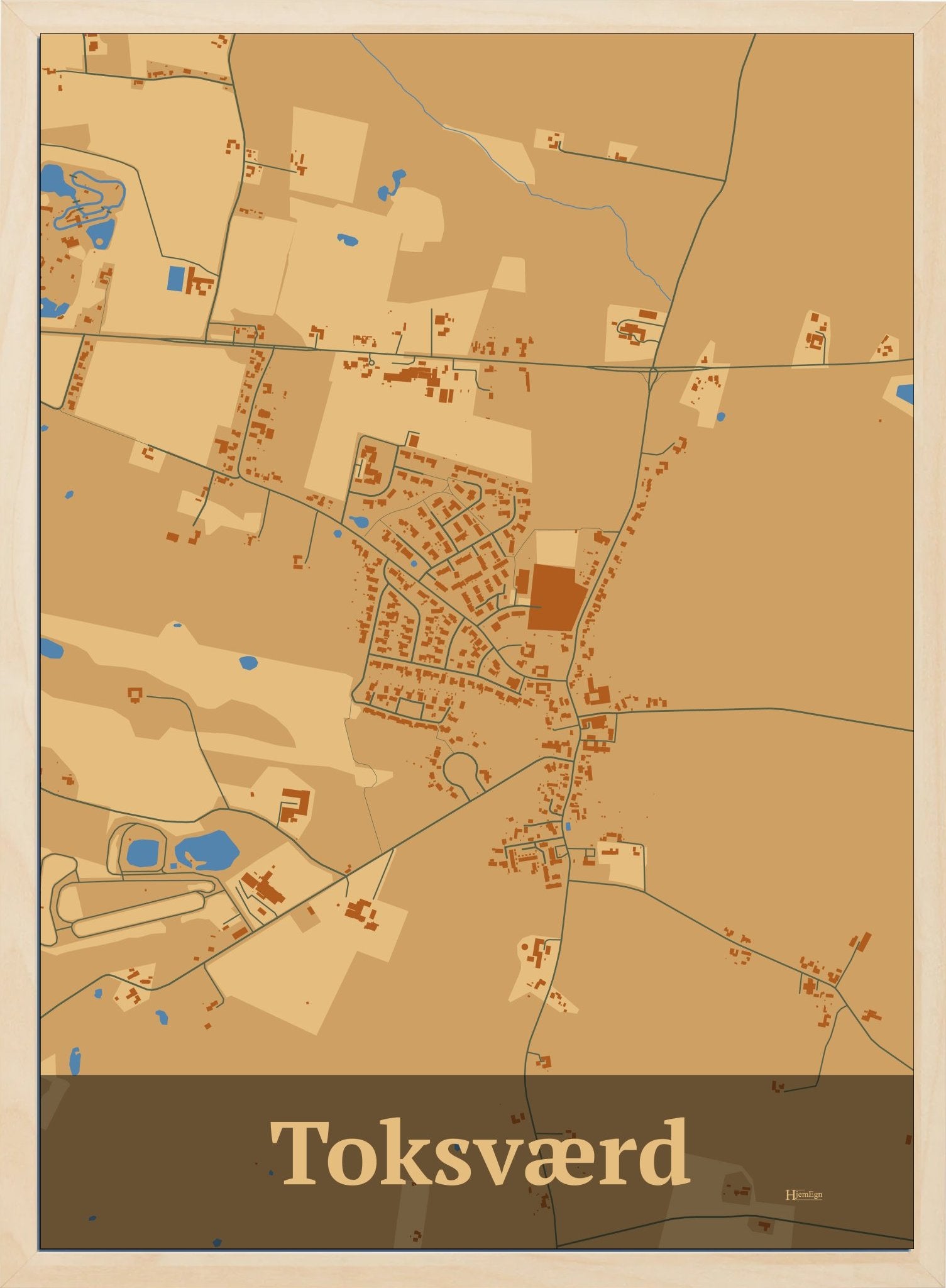 Toksværd plakat i farve pastel brun og HjemEgn.dk design firkantet. Design bykort for Toksværd