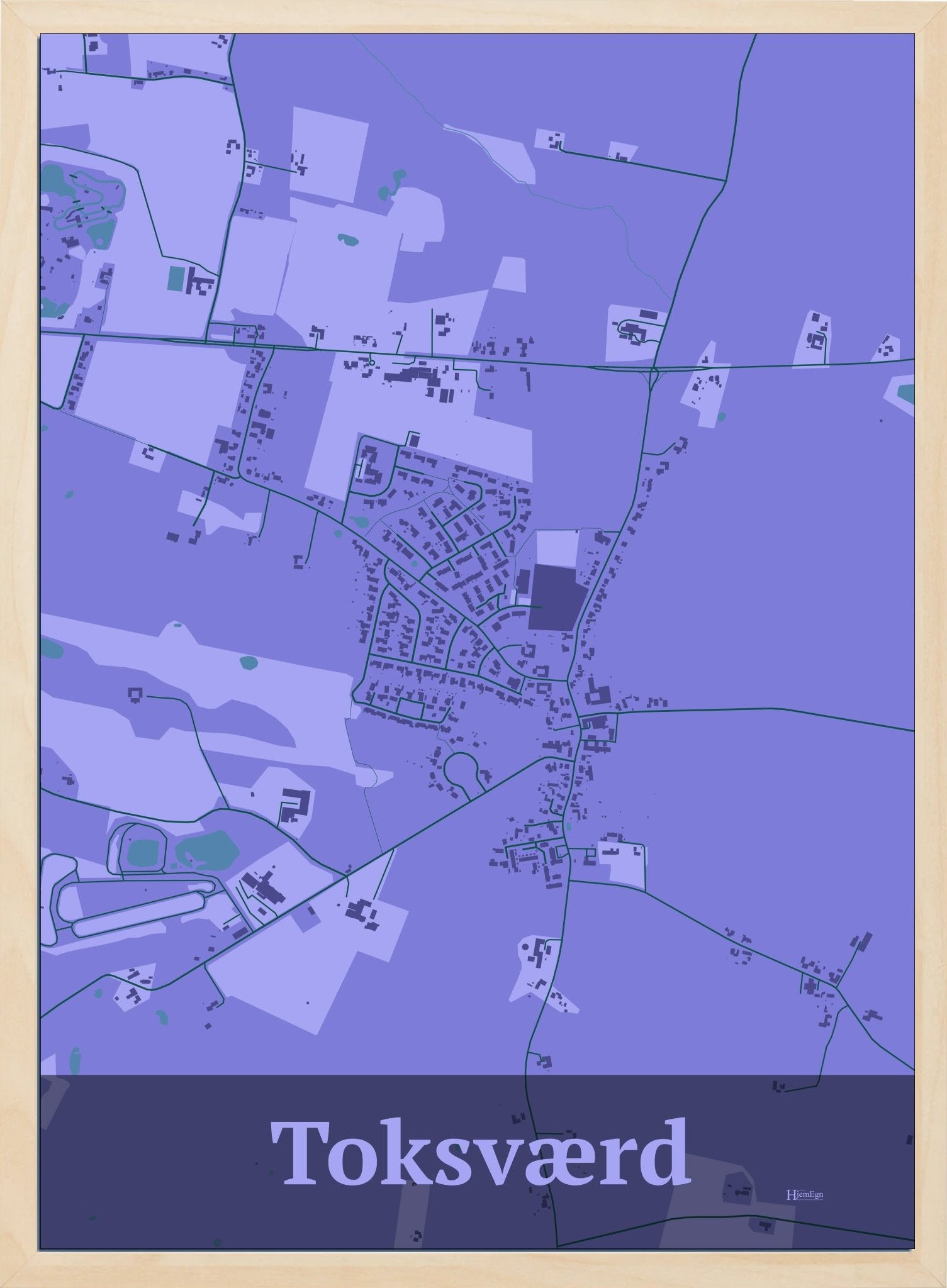 Toksværd plakat i farve pastel lilla og HjemEgn.dk design firkantet. Design bykort for Toksværd