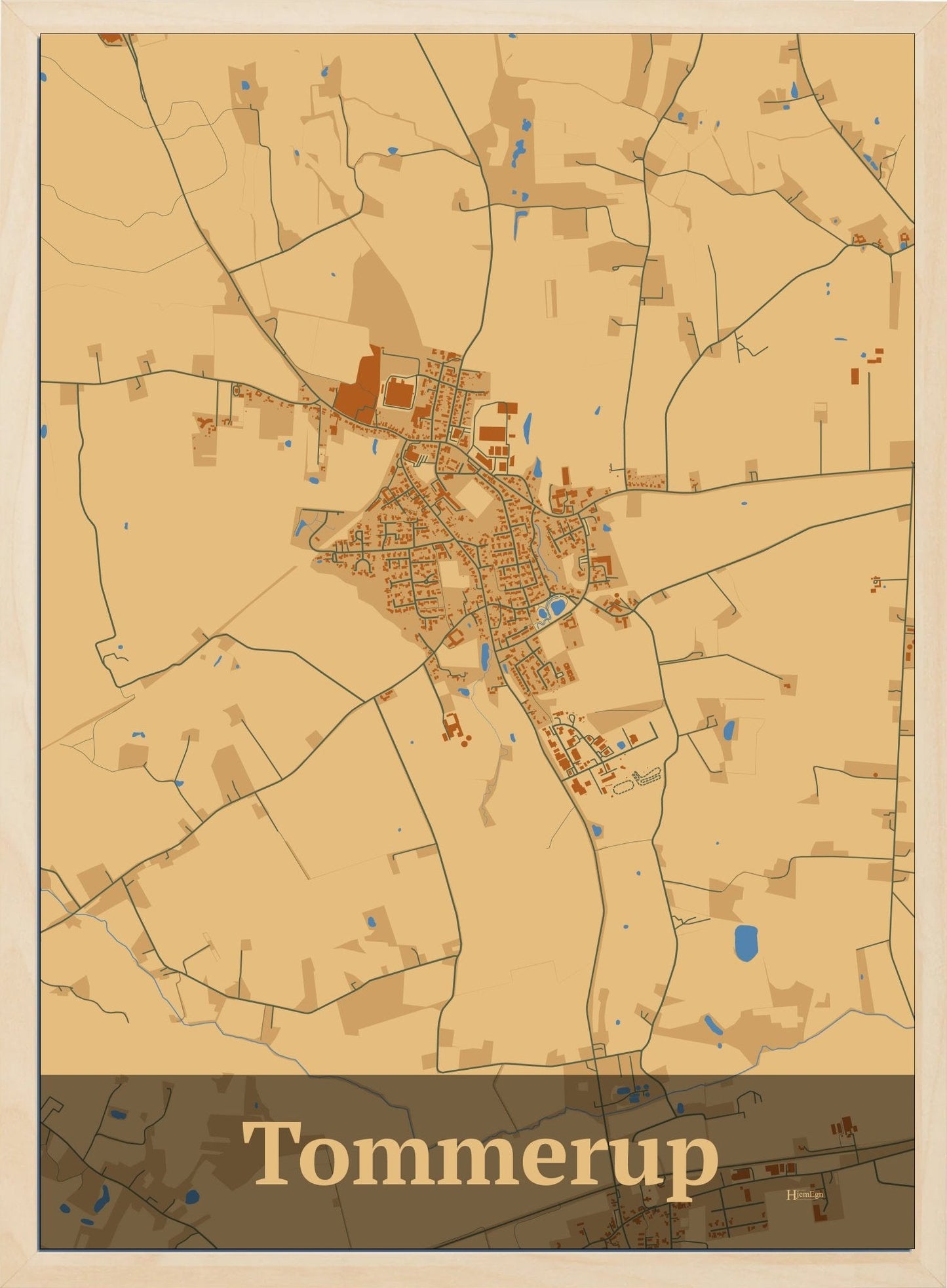 Tommerup plakat i farve pastel brun og HjemEgn.dk design firkantet. Design bykort for Tommerup