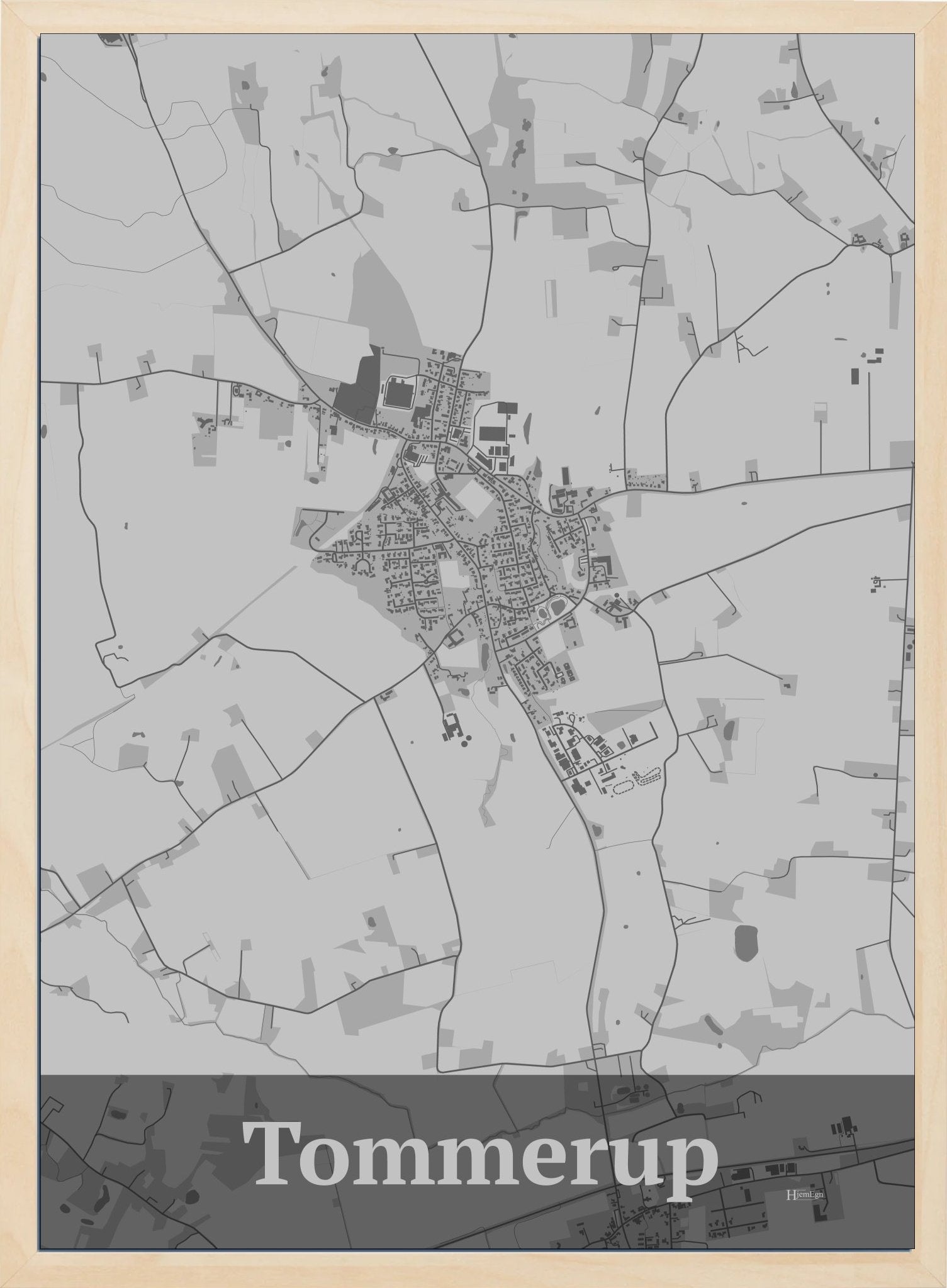 Tommerup plakat i farve pastel grå og HjemEgn.dk design firkantet. Design bykort for Tommerup