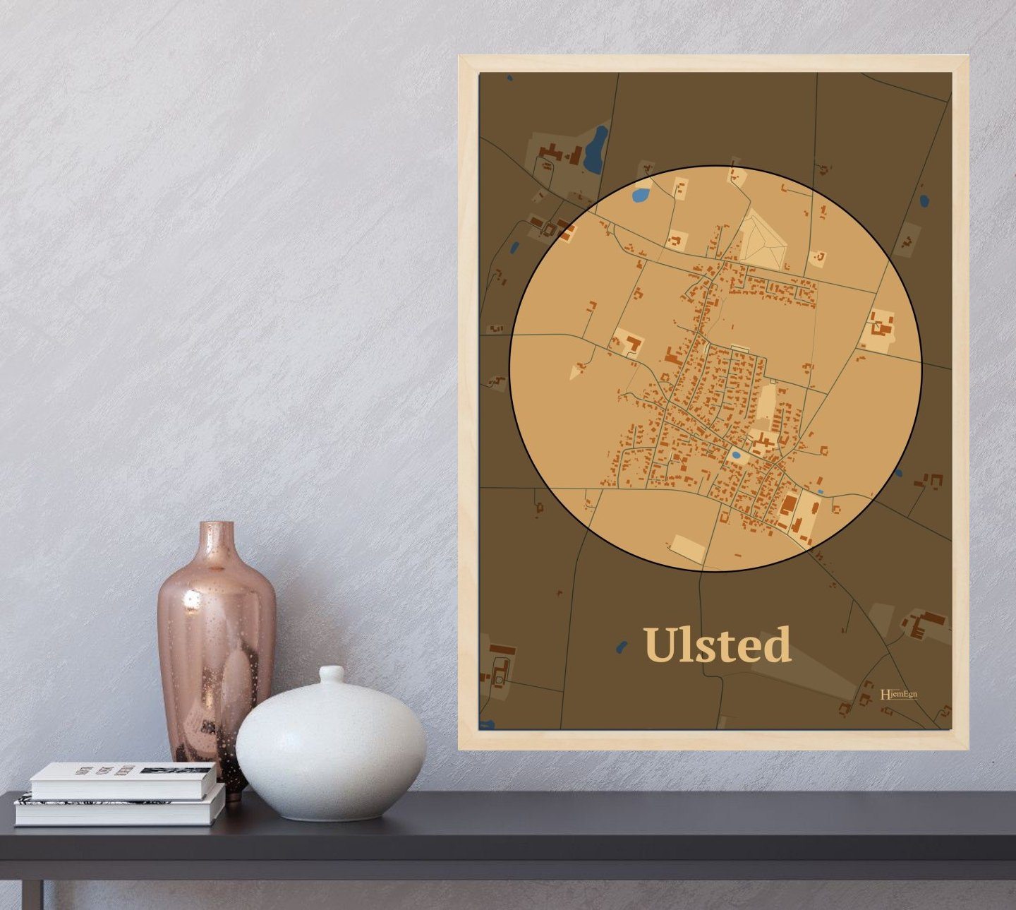 Ulsted plakat i farve  og HjemEgn.dk design centrum. Design bykort for Ulsted