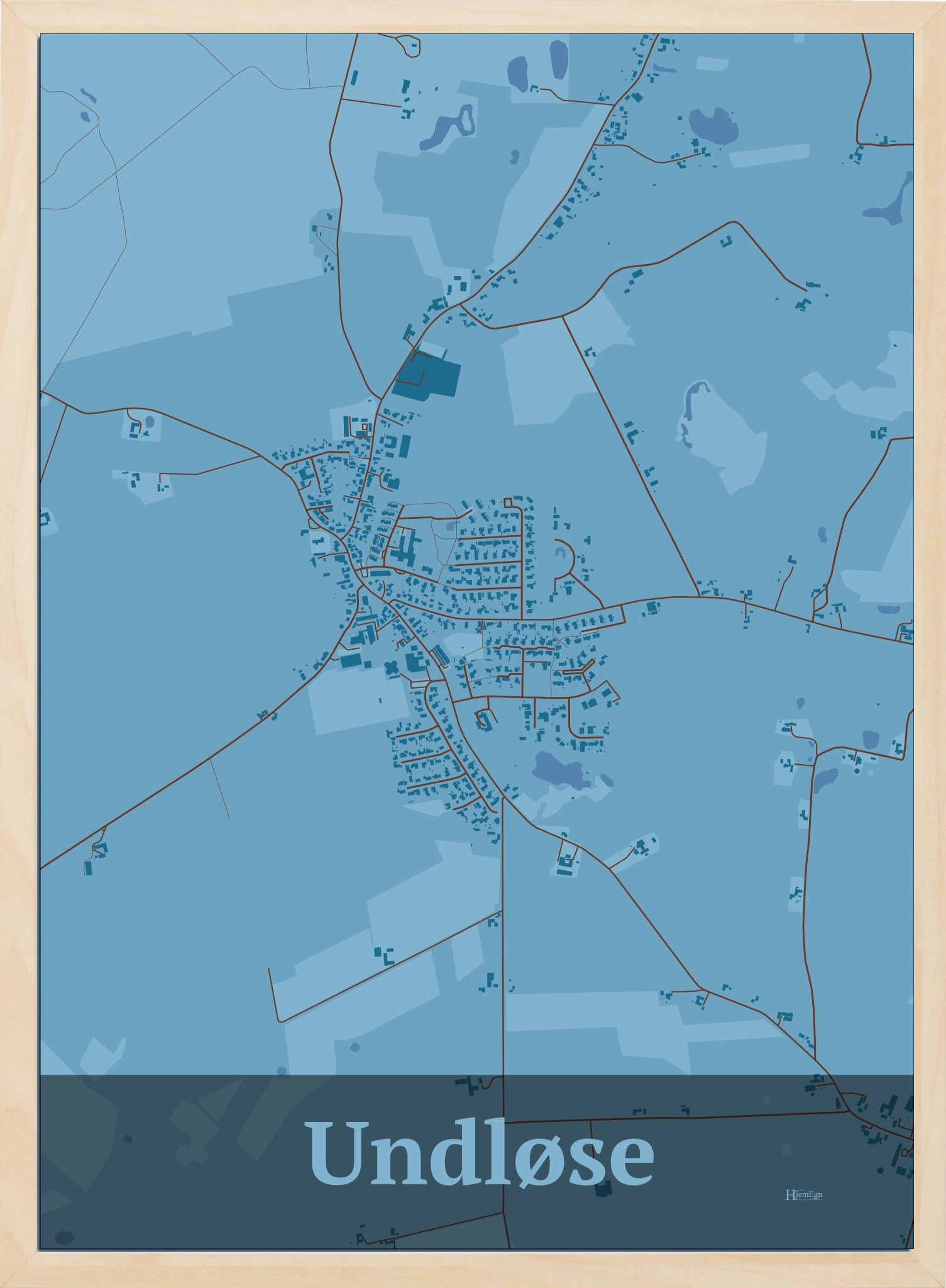 Undløse plakat i farve pastel blå og HjemEgn.dk design firkantet. Design bykort for Undløse