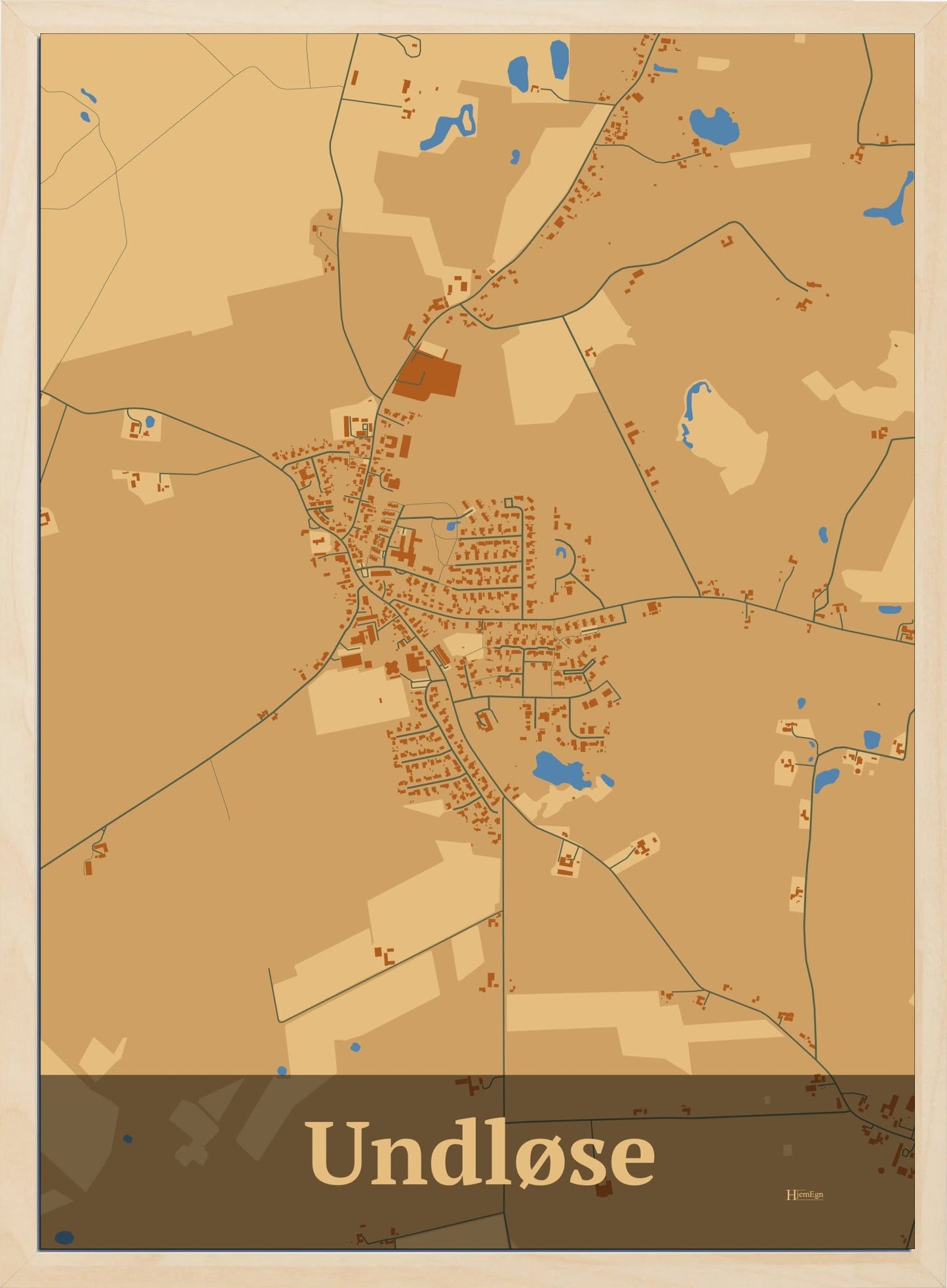 Undløse plakat i farve pastel brun og HjemEgn.dk design firkantet. Design bykort for Undløse