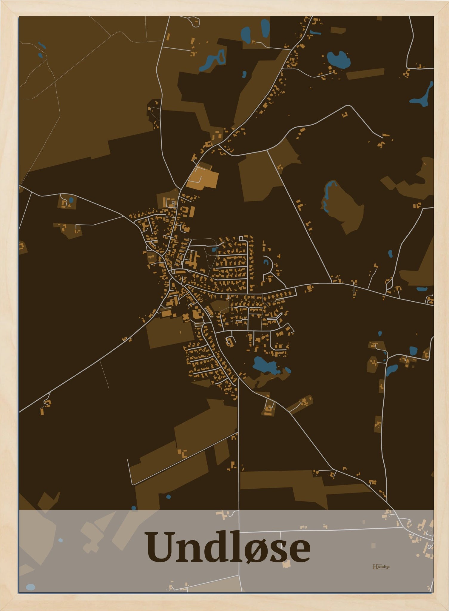 Undløse plakat i farve mørk brun og HjemEgn.dk design firkantet. Design bykort for Undløse