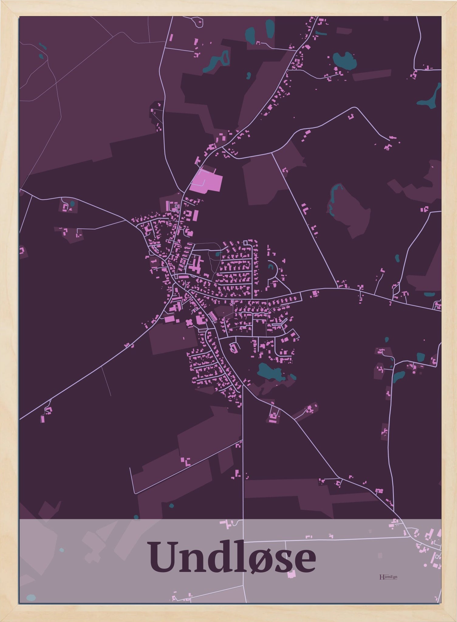 Undløse plakat i farve mørk rød og HjemEgn.dk design firkantet. Design bykort for Undløse