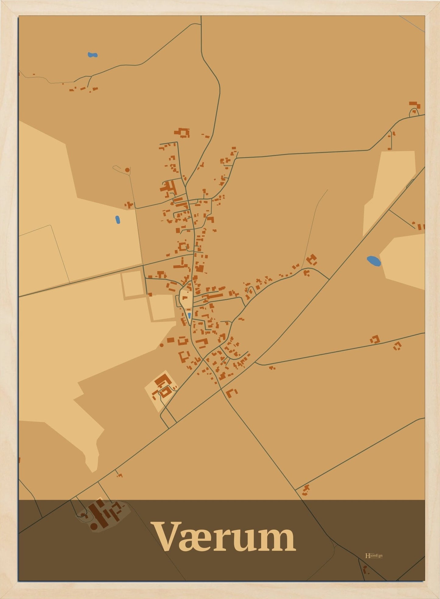 Værum plakat i farve pastel brun og HjemEgn.dk design firkantet. Design bykort for Værum
