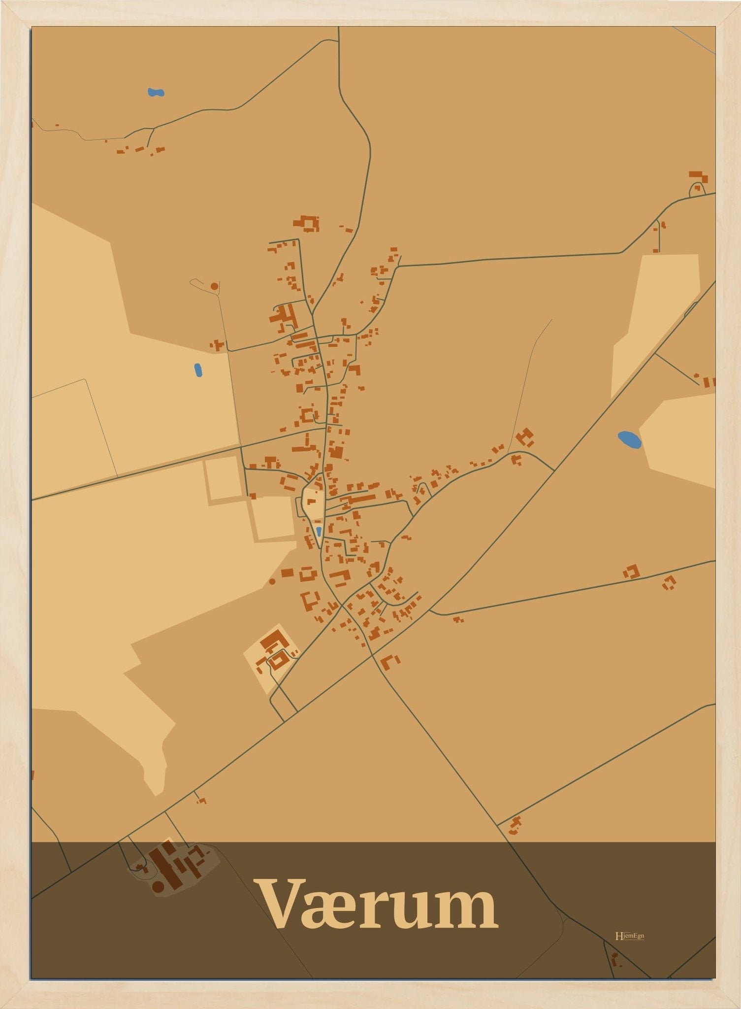 Værum plakat i farve pastel brun og HjemEgn.dk design firkantet. Design bykort for Værum