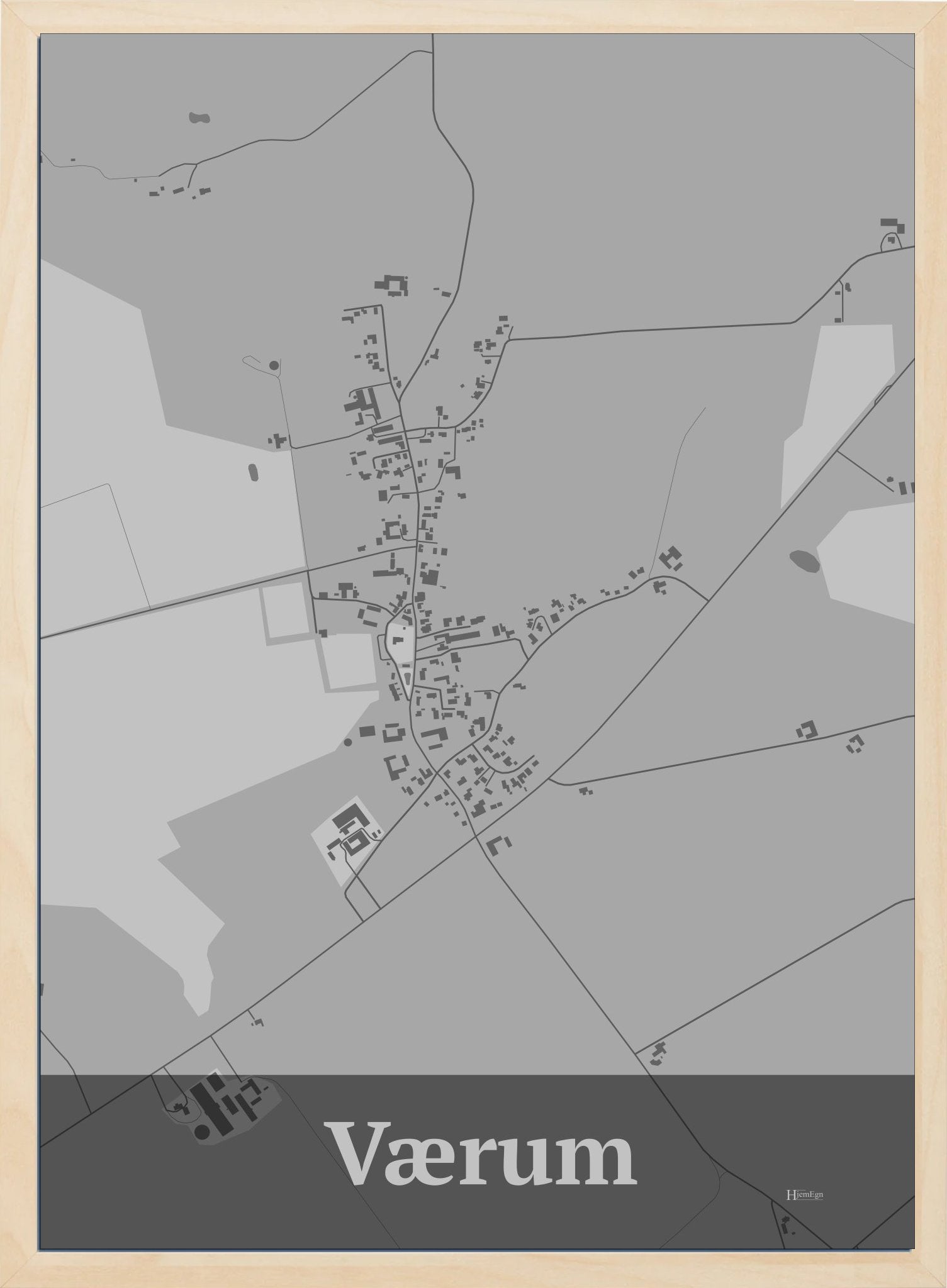 Værum plakat i farve pastel grå og HjemEgn.dk design firkantet. Design bykort for Værum