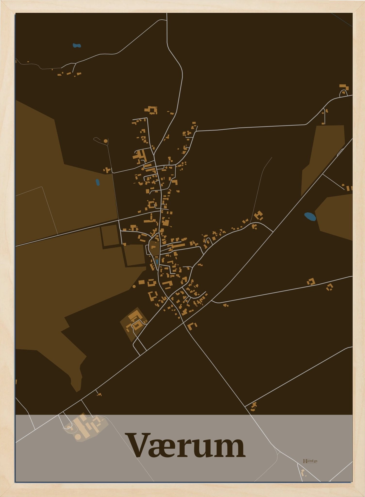 Værum plakat i farve mørk brun og HjemEgn.dk design firkantet. Design bykort for Værum
