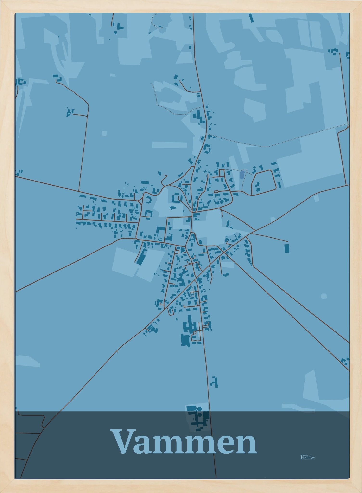 Vammen plakat i farve pastel blå og HjemEgn.dk design firkantet. Design bykort for Vammen