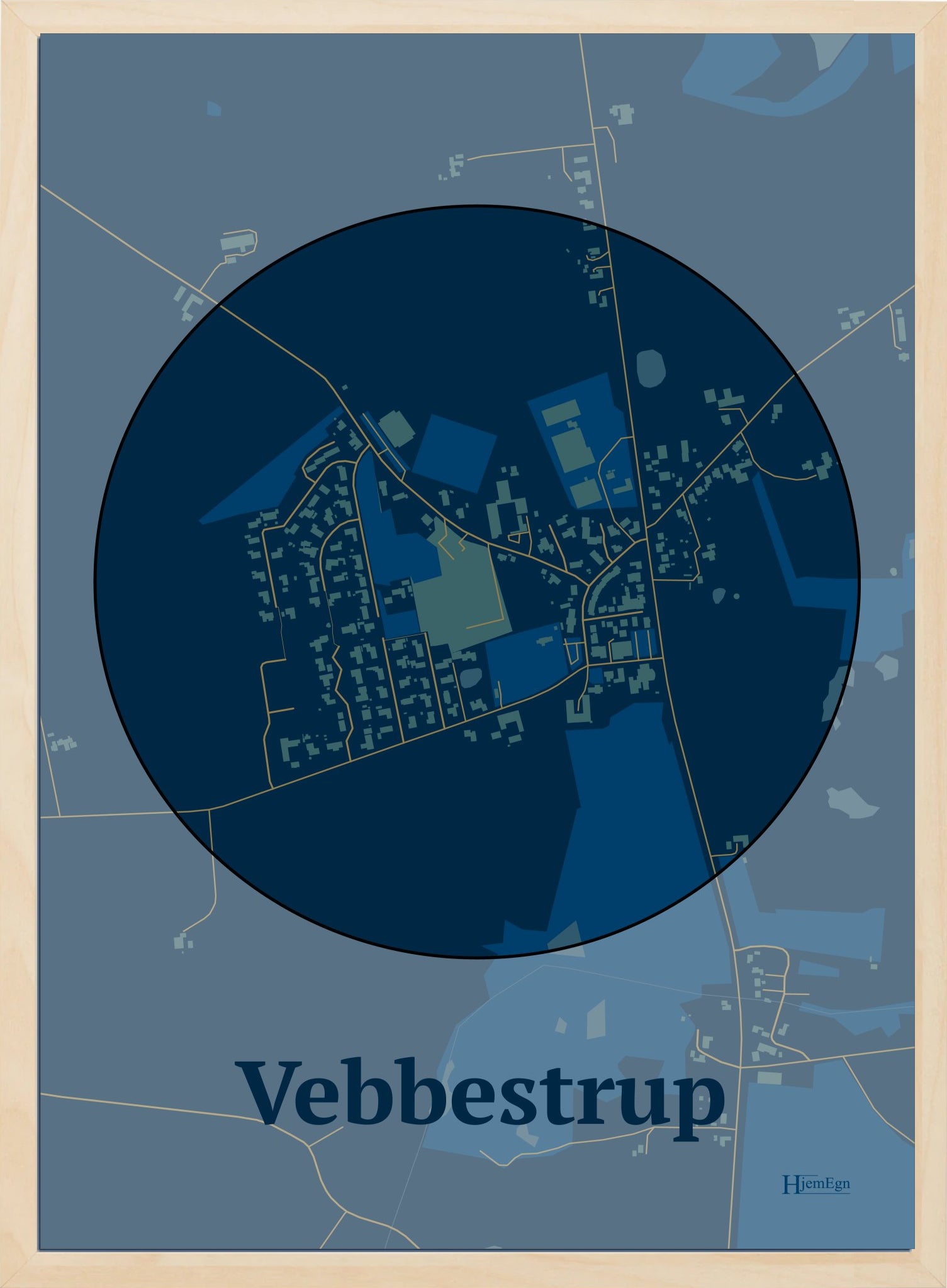 Vebbestrup plakat i farve mørk blå og HjemEgn.dk design centrum. Design bykort for Vebbestrup