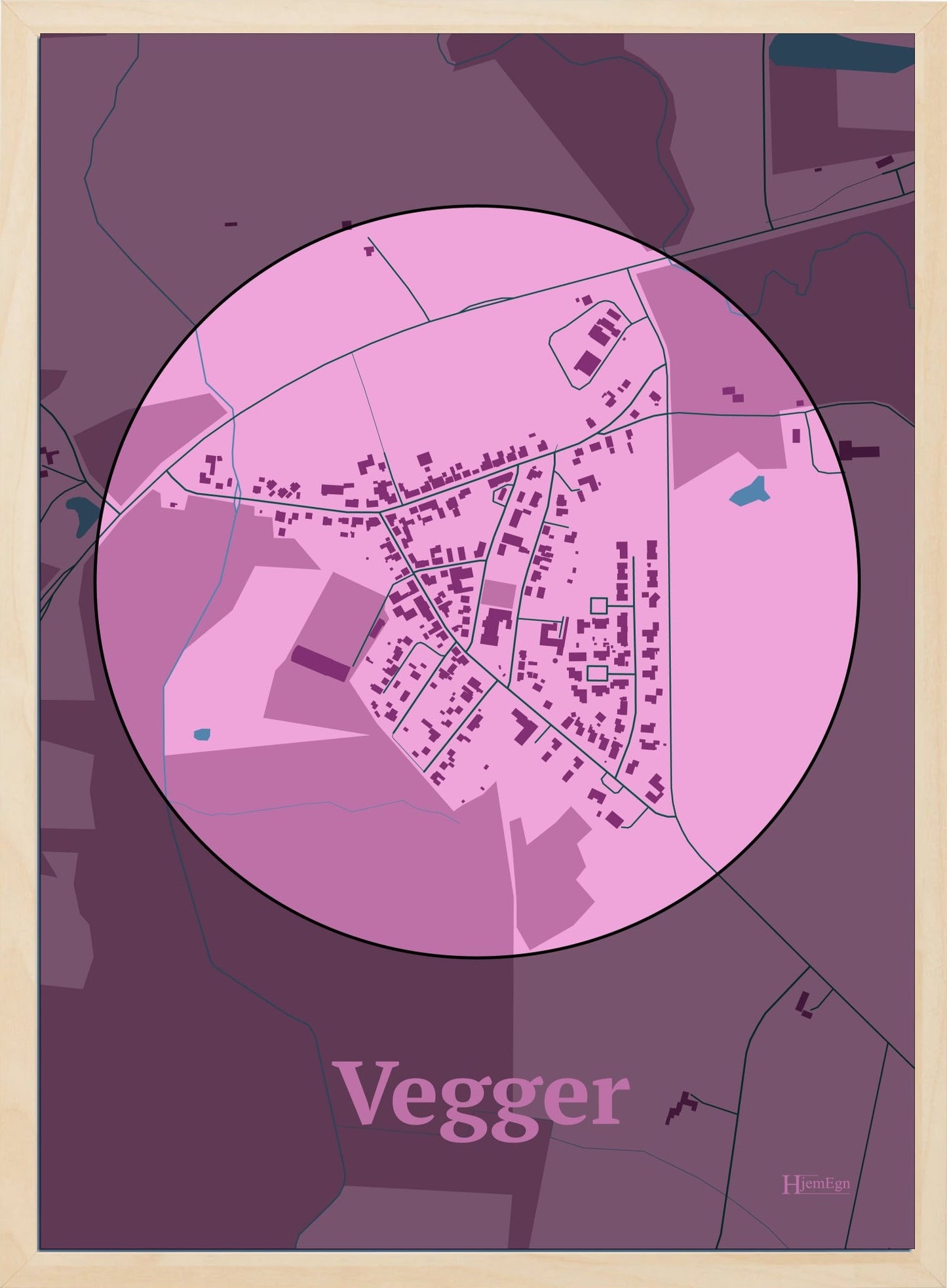 Vegger plakat i farve pastel rød og HjemEgn.dk design centrum. Design bykort for Vegger