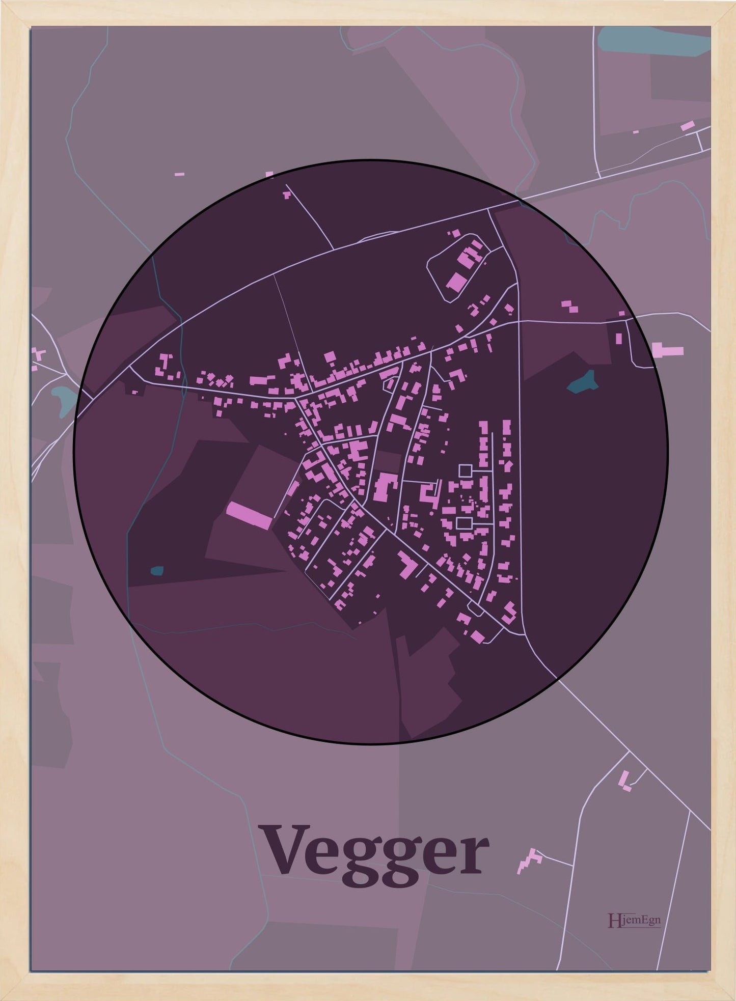 Vegger plakat i farve mørk rød og HjemEgn.dk design centrum. Design bykort for Vegger