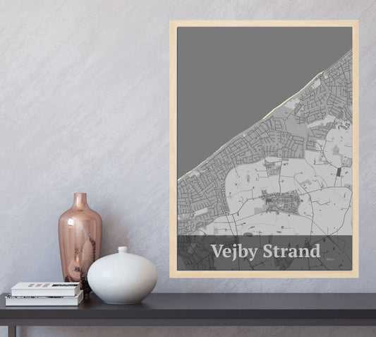 Vejby Strand plakat i farve  og HjemEgn.dk design firkantet. Design bykort for Vejby Strand