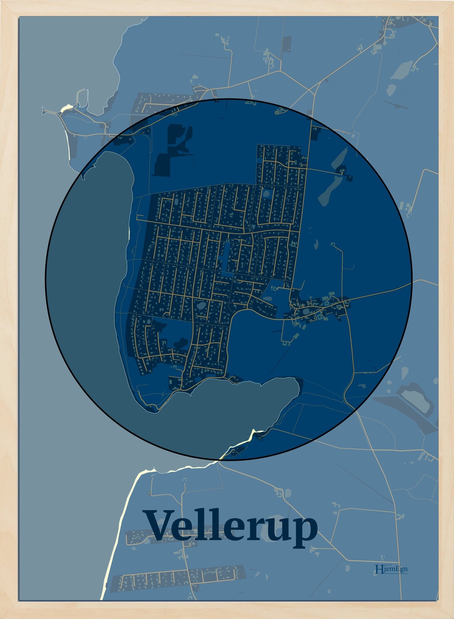 Vellerup plakat i farve mørk blå og HjemEgn.dk design centrum. Design bykort for Vellerup