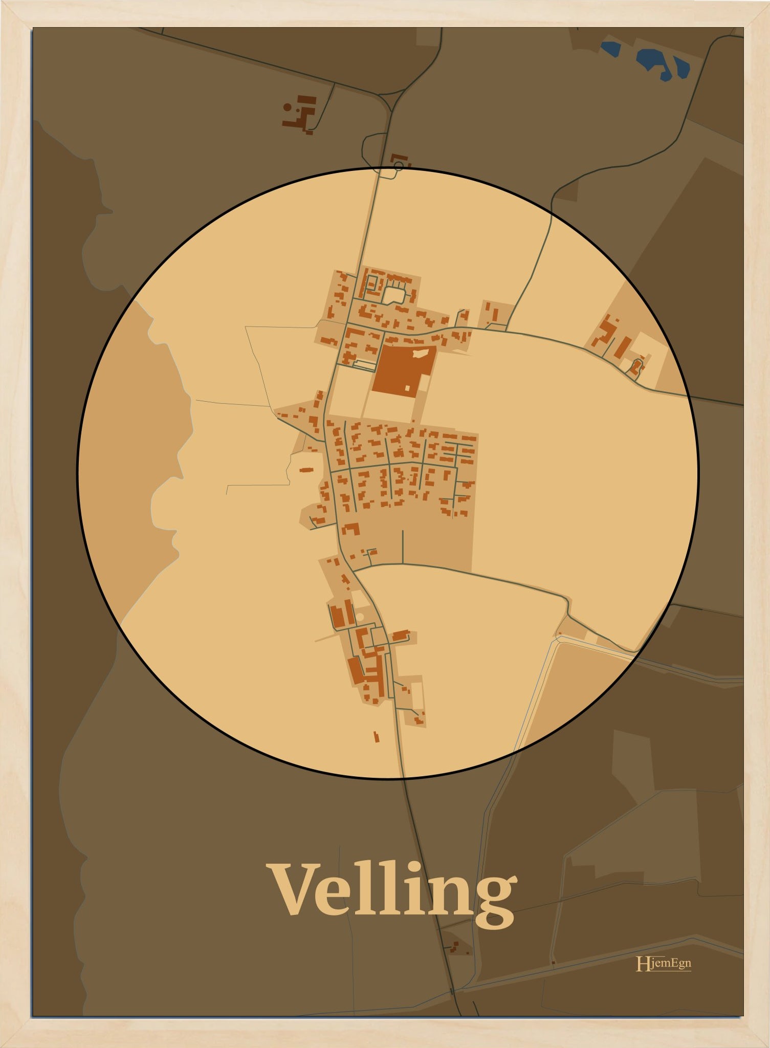 Velling plakat i farve pastel brun og HjemEgn.dk design centrum. Design bykort for Velling