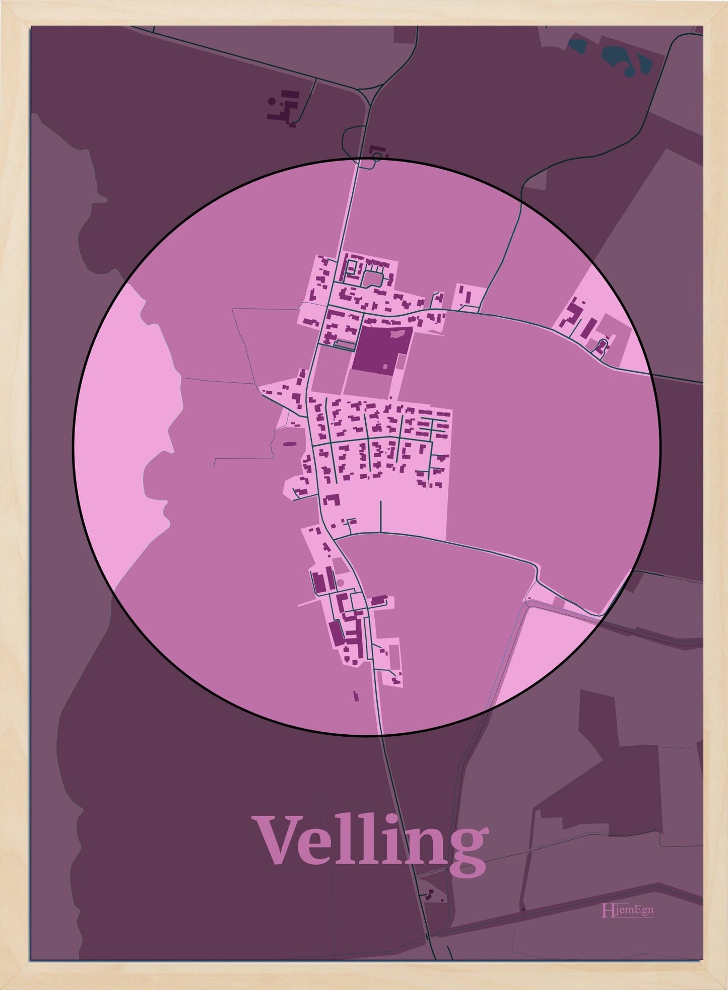 Velling plakat i farve pastel rød og HjemEgn.dk design centrum. Design bykort for Velling