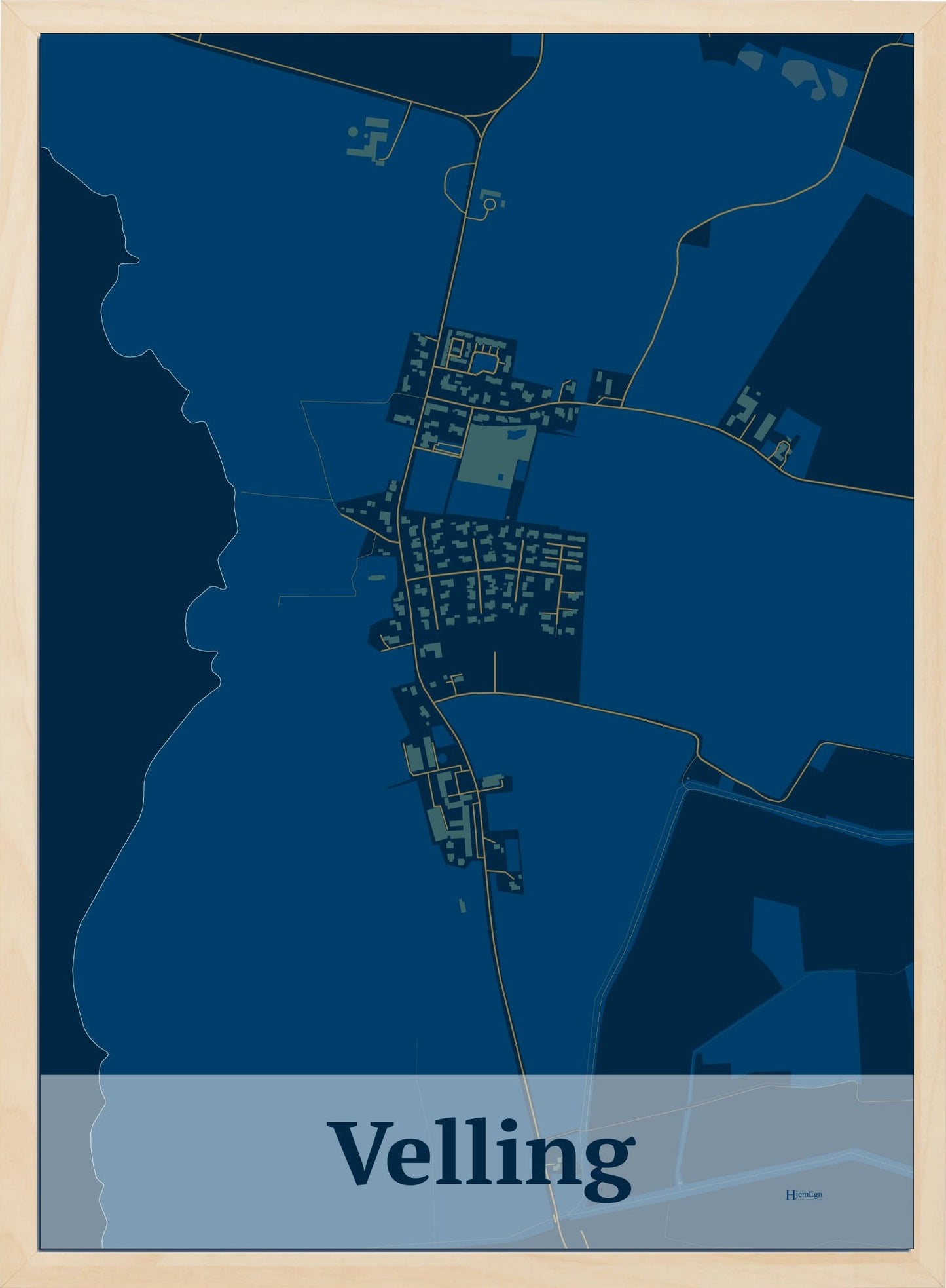 Velling plakat i farve mørk blå og HjemEgn.dk design firkantet. Design bykort for Velling
