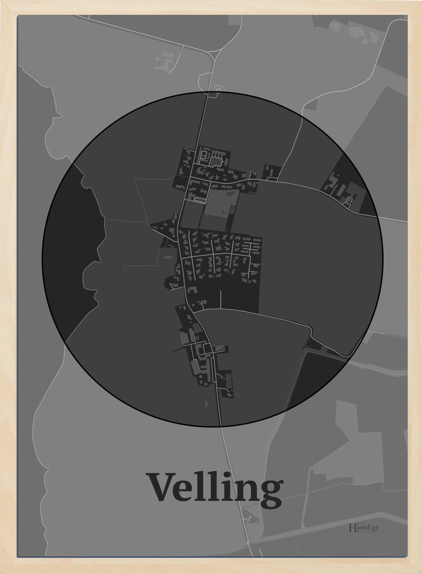 Velling plakat i farve mørk grå og HjemEgn.dk design centrum. Design bykort for Velling