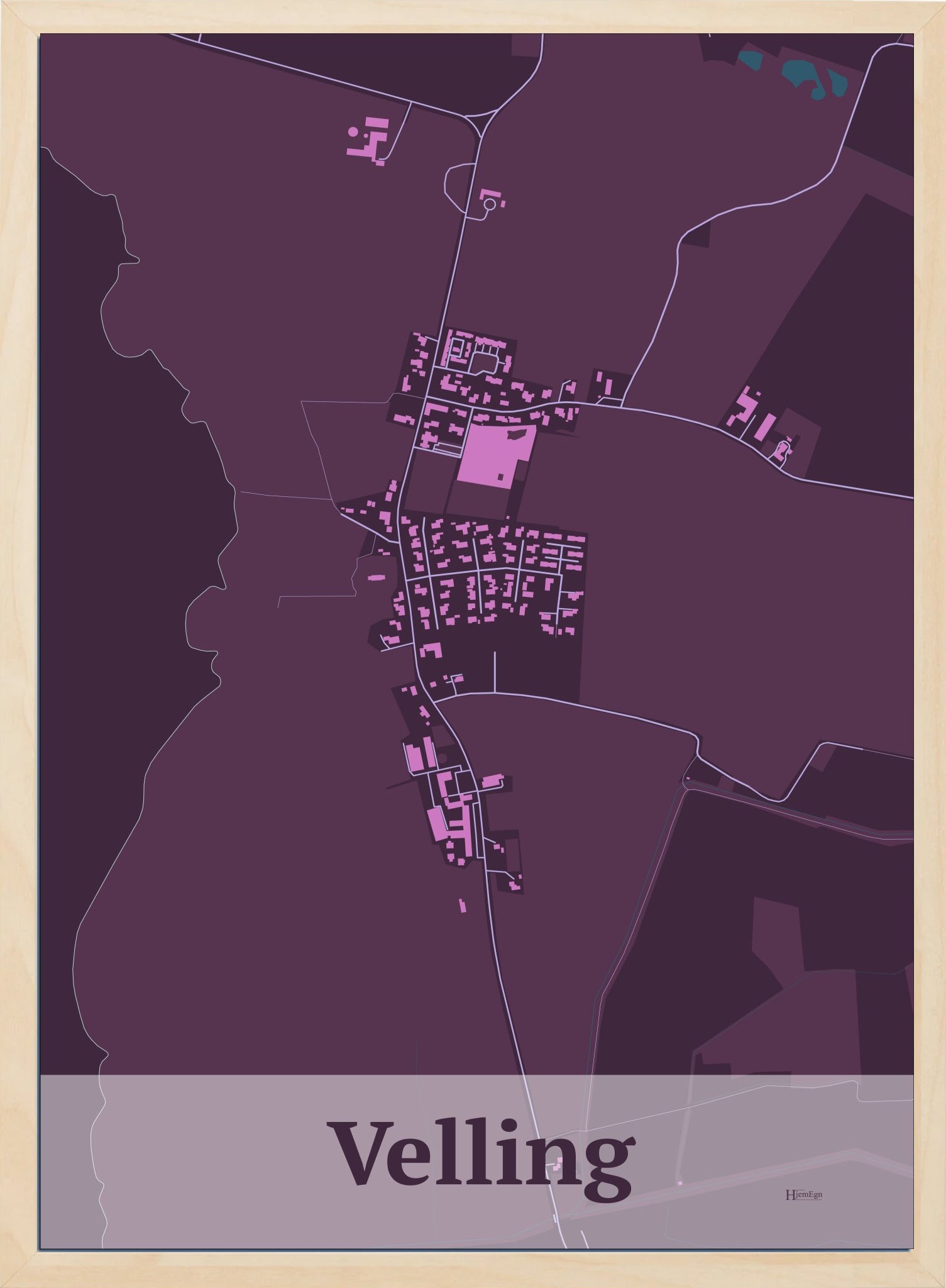 Velling plakat i farve mørk rød og HjemEgn.dk design firkantet. Design bykort for Velling