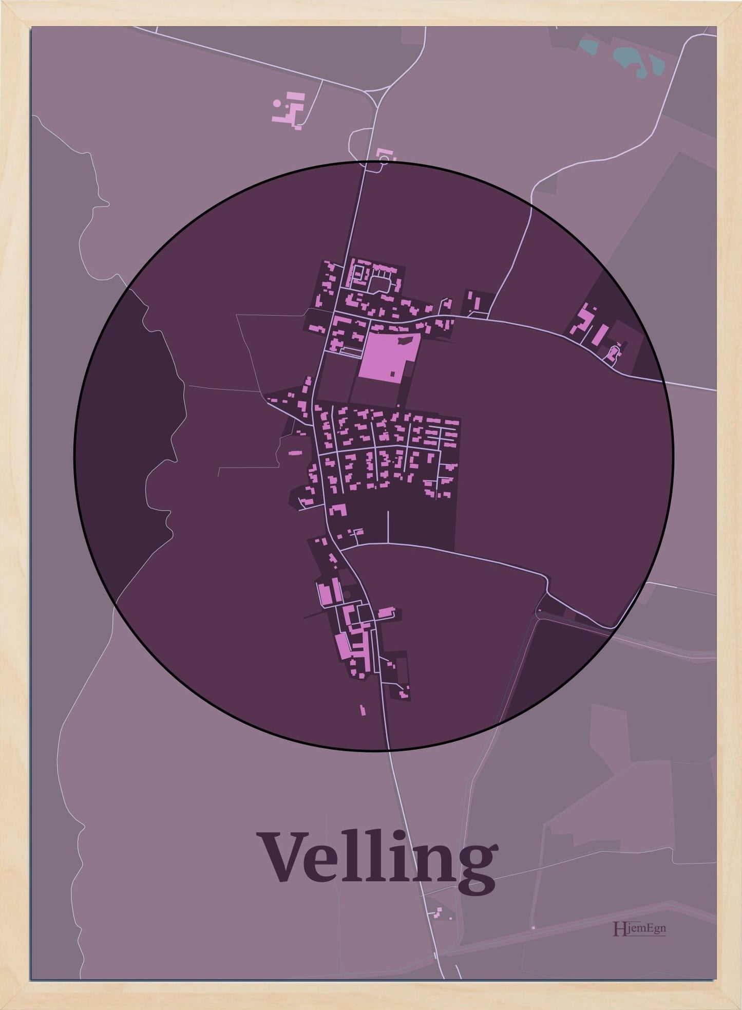 Velling plakat i farve mørk rød og HjemEgn.dk design centrum. Design bykort for Velling