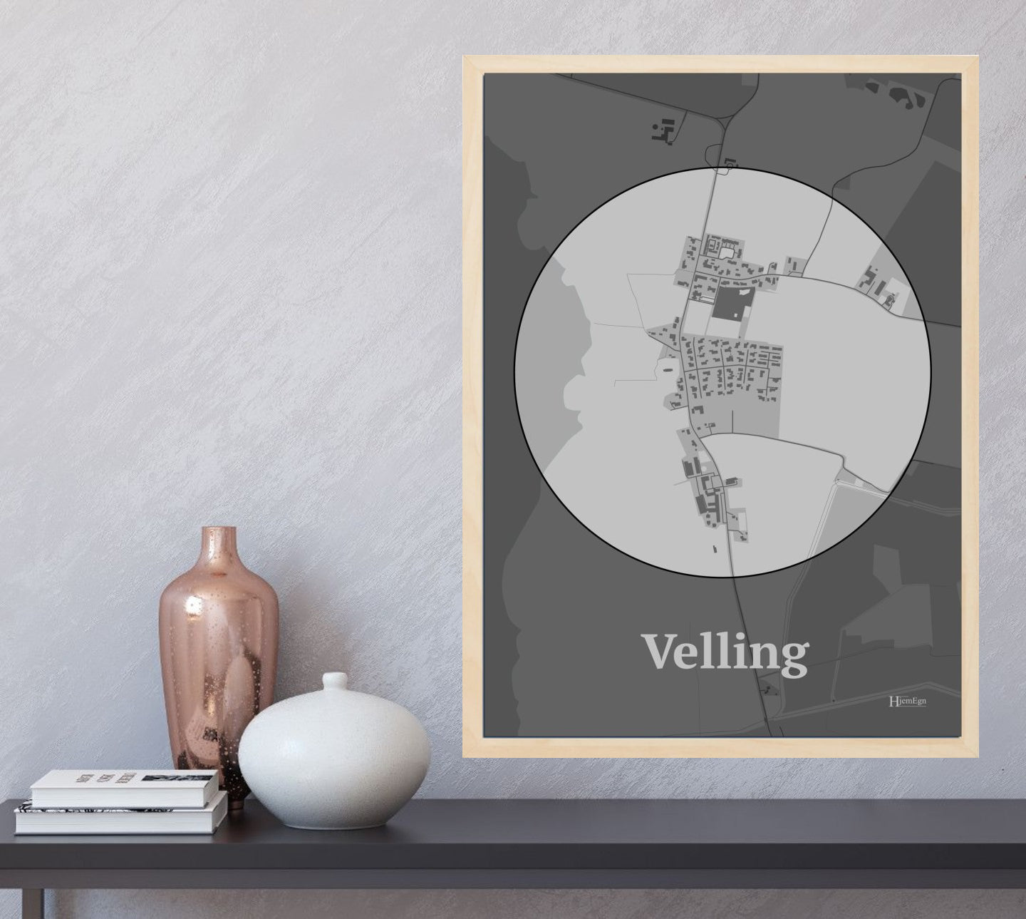 Velling plakat i farve  og HjemEgn.dk design centrum. Design bykort for Velling