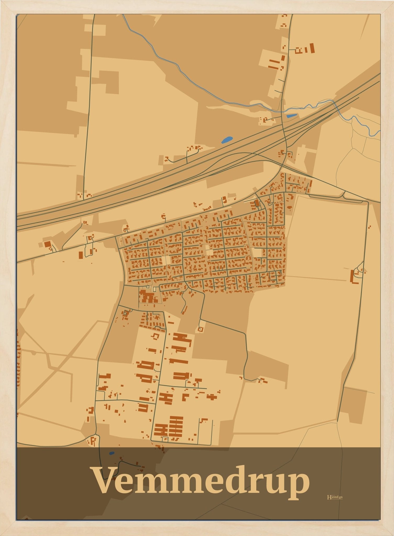 Vemmedrup plakat i farve pastel brun og HjemEgn.dk design firkantet. Design bykort for Vemmedrup