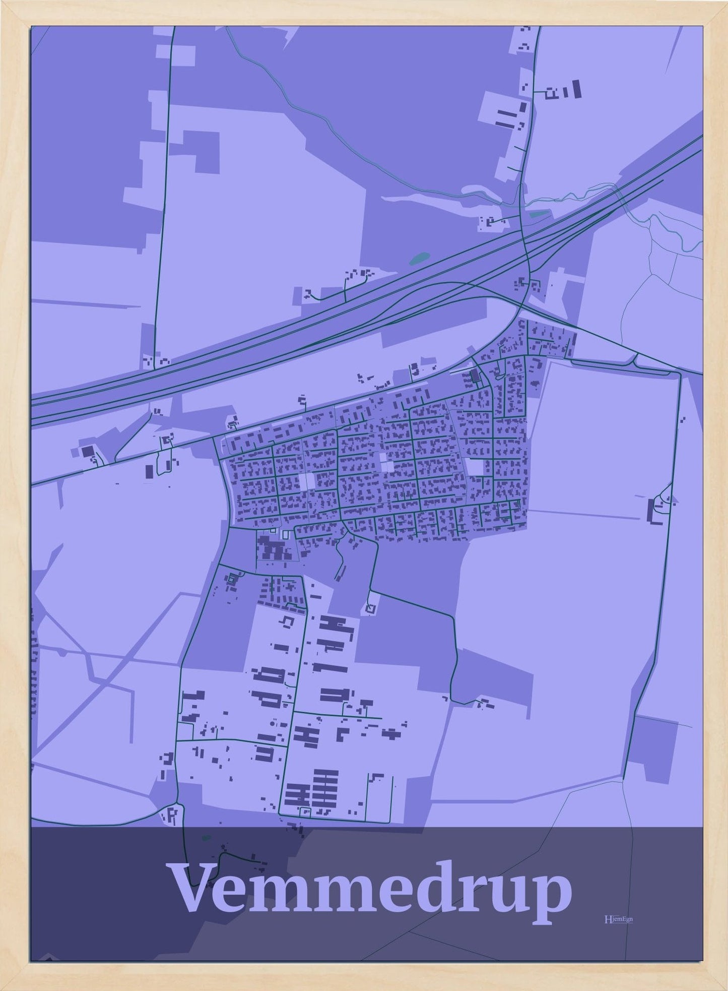 Vemmedrup plakat i farve pastel lilla og HjemEgn.dk design firkantet. Design bykort for Vemmedrup