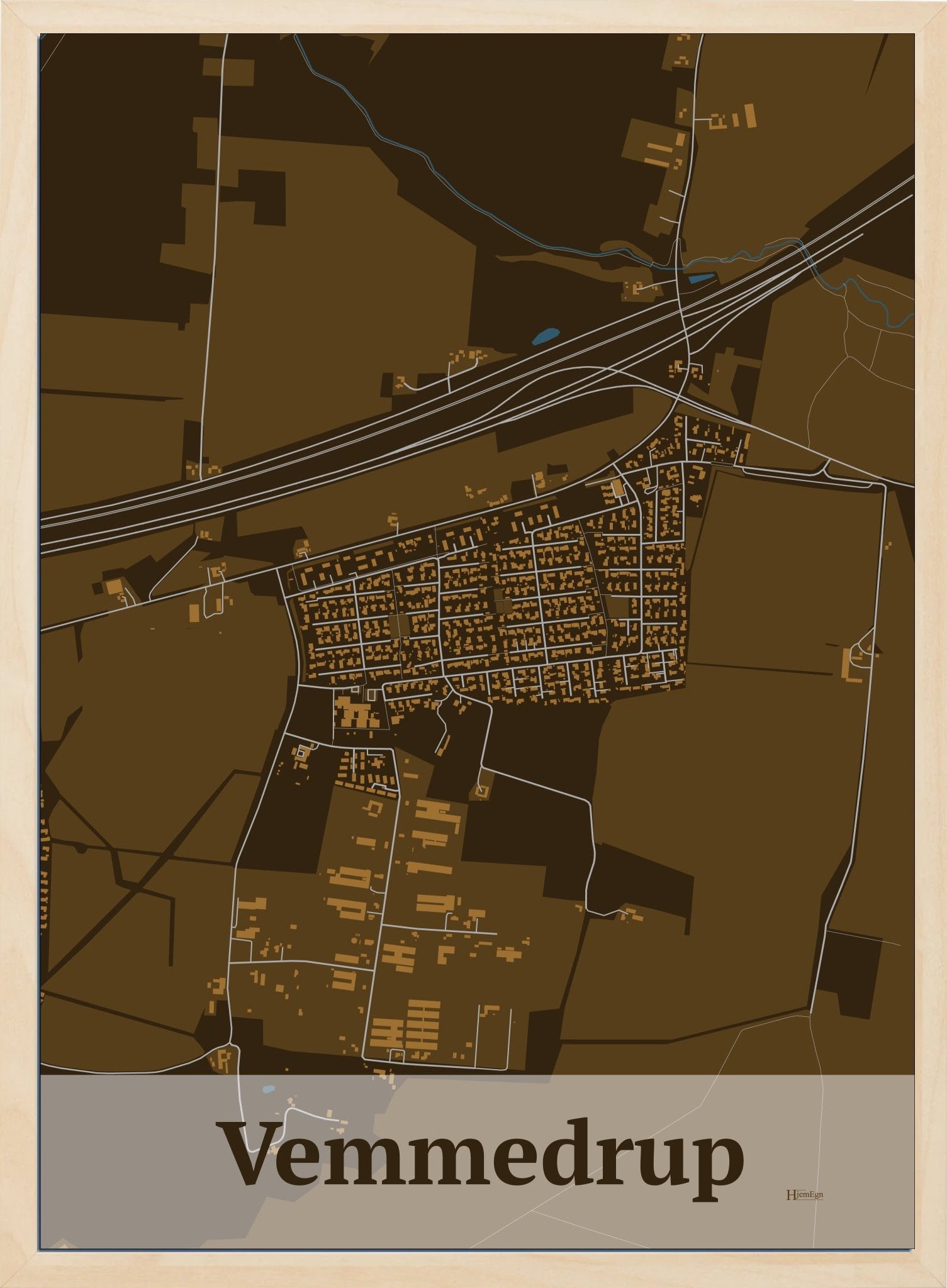 Vemmedrup plakat i farve mørk brun og HjemEgn.dk design firkantet. Design bykort for Vemmedrup