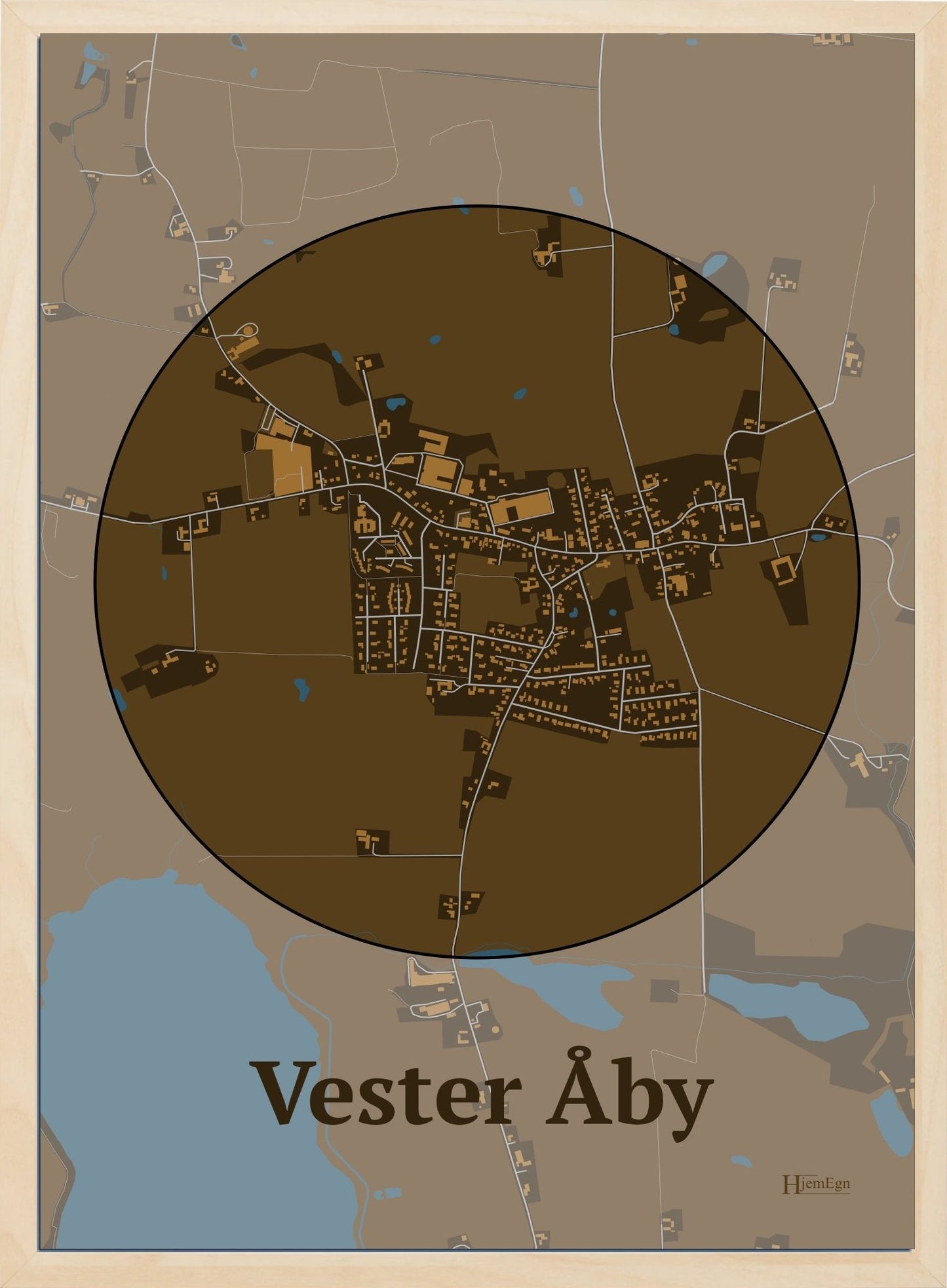 Vester Åby plakat i farve mørk brun og HjemEgn.dk design centrum. Design bykort for Vester Åby