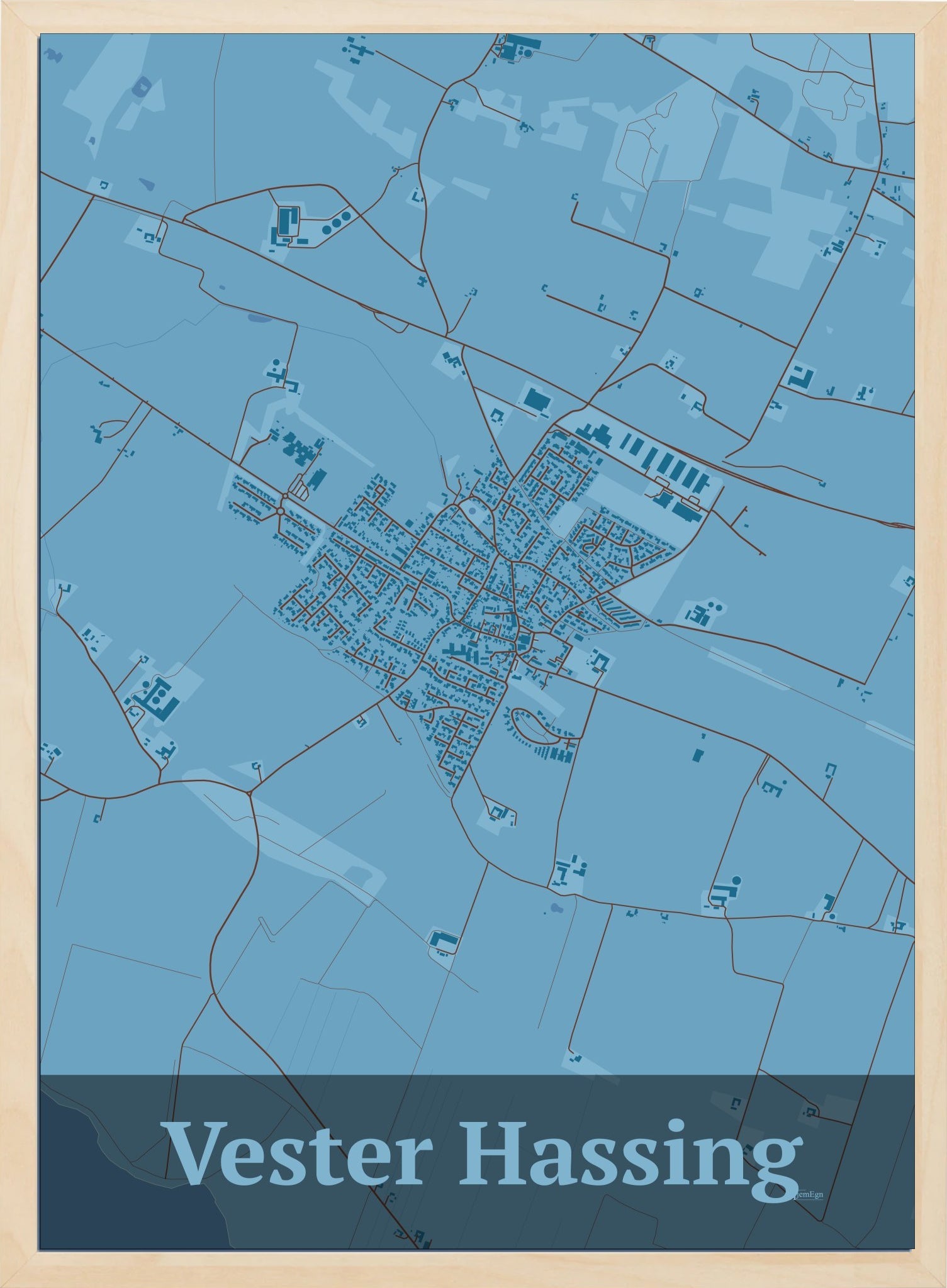 Vester Hassing plakat i farve pastel blå og HjemEgn.dk design firkantet. Design bykort for Vester Hassing