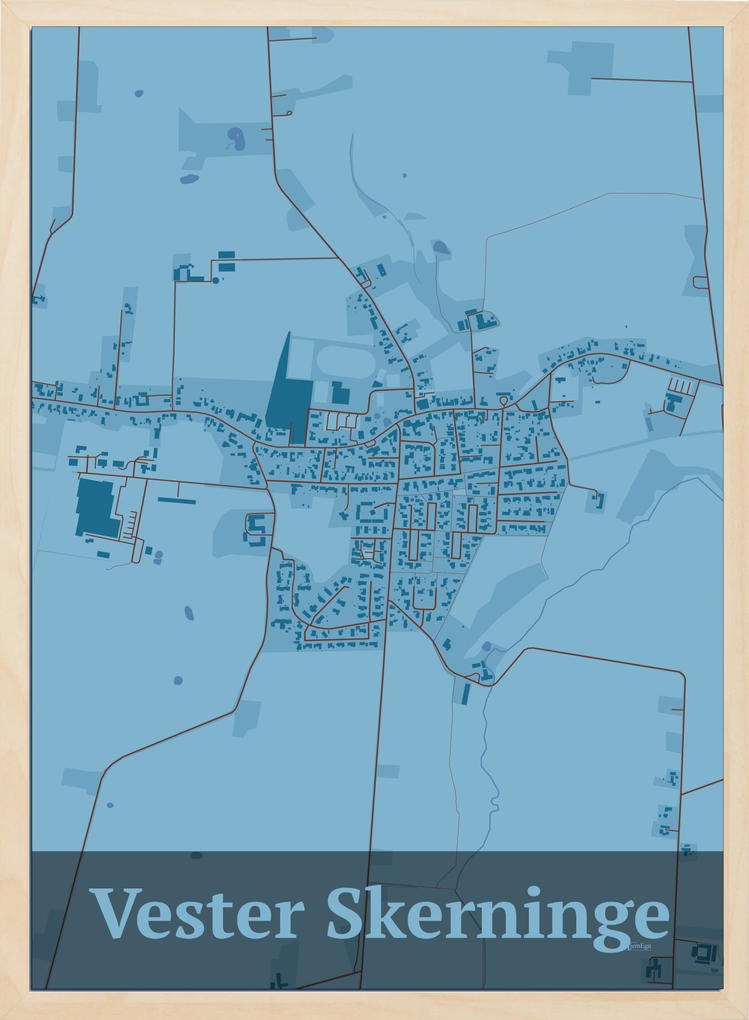 Vester Skerninge plakat i farve pastel blå og HjemEgn.dk design firkantet. Design bykort for Vester Skerninge