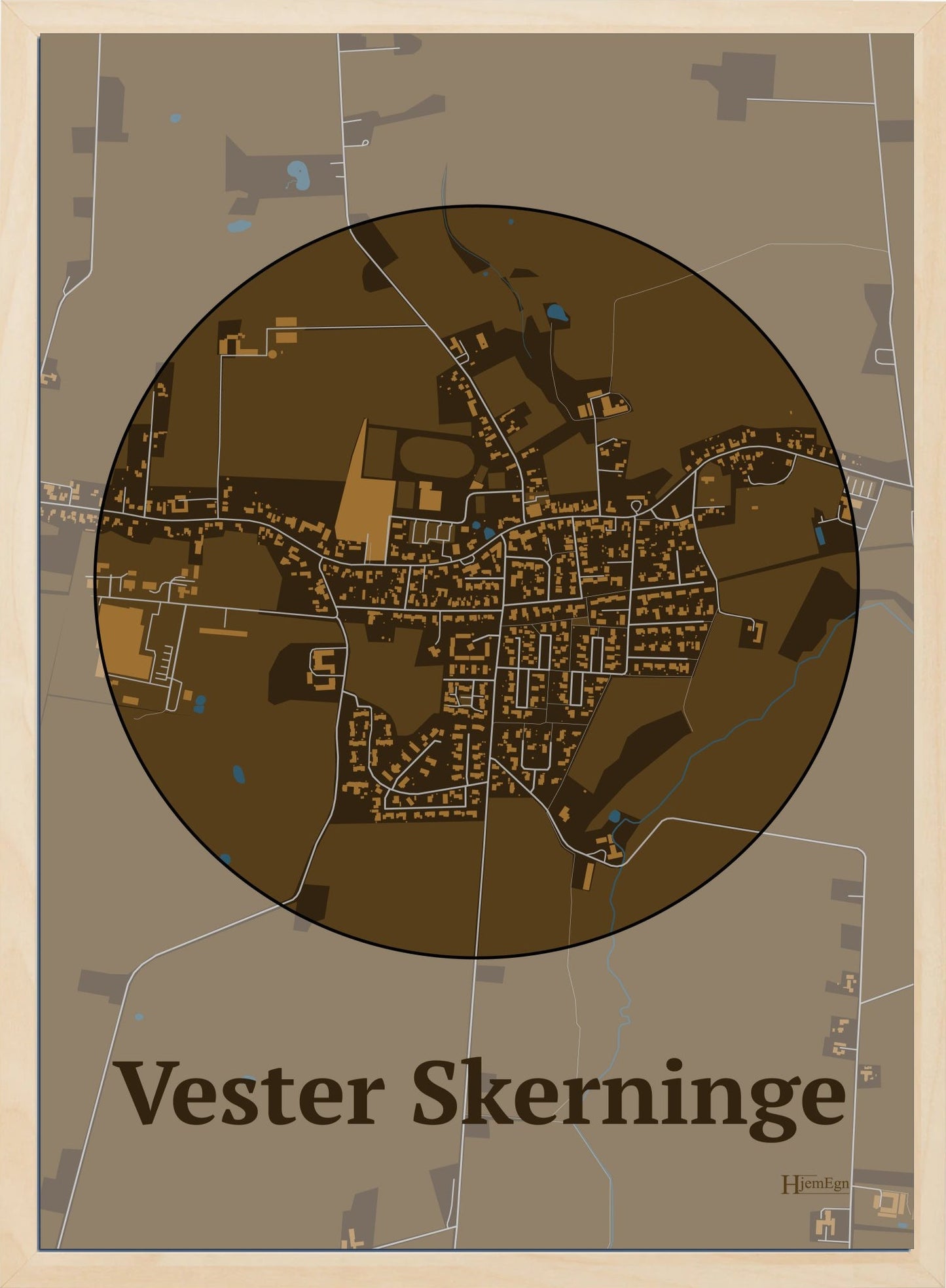 Vester Skerninge plakat i farve mørk brun og HjemEgn.dk design centrum. Design bykort for Vester Skerninge