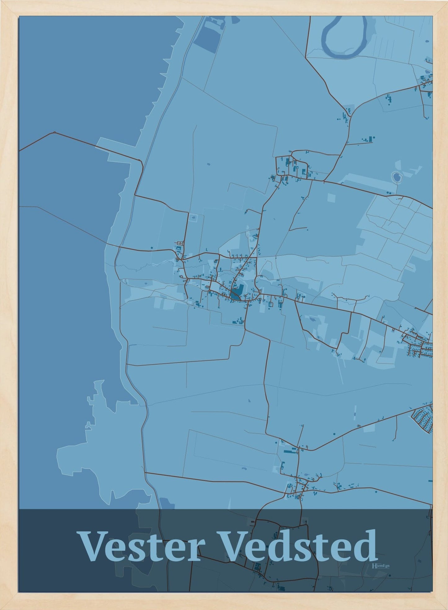Vester Vedsted plakat i farve pastel blå og HjemEgn.dk design firkantet. Design bykort for Vester Vedsted