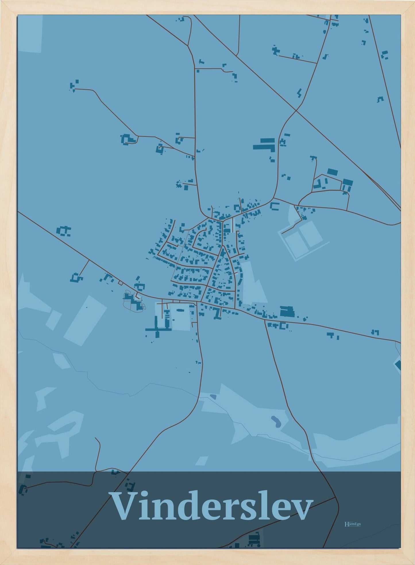 Vinderslev plakat i farve pastel blå og HjemEgn.dk design firkantet. Design bykort for Vinderslev